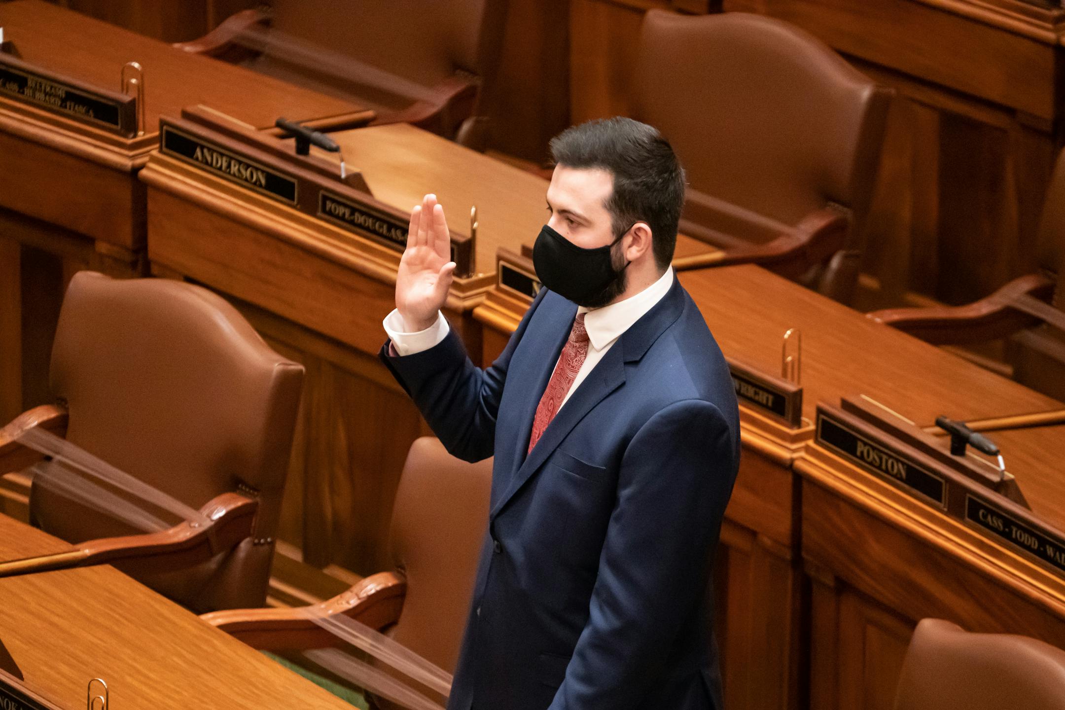 Freshman legislator Rep. Spencer Igo, R-Grand Rapids took the oath. A few legislators were sworn-in in person at the House Chamber and most were sworn in remotely in groups of nine at a time, via Zoom at the Minnesota State Capitol.