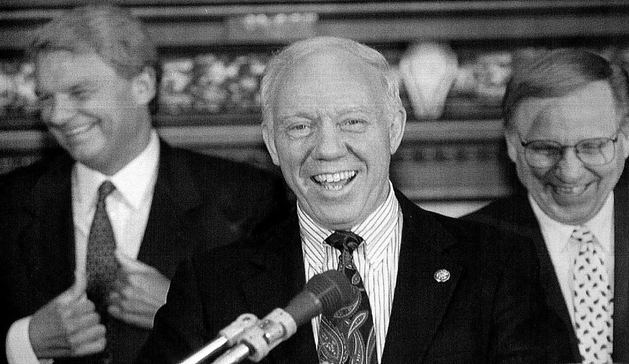 April 5, 1994 U.S, Rep. Jim Oberstar answers questions at a press conference St.Paul, Minn., Tuesday April 5, 1994, following the announcement of an agreement between Northwest Airlines and the state of Minnesota in which the airline will build a new maintenance facility in Duluth, Minn., creating 954 new jobs. Behind Oberstar is John Dasburg, CEO of Northwest Airlines, left, and Gov. Are Carlson, right. Valice Boudry, AP Photo
