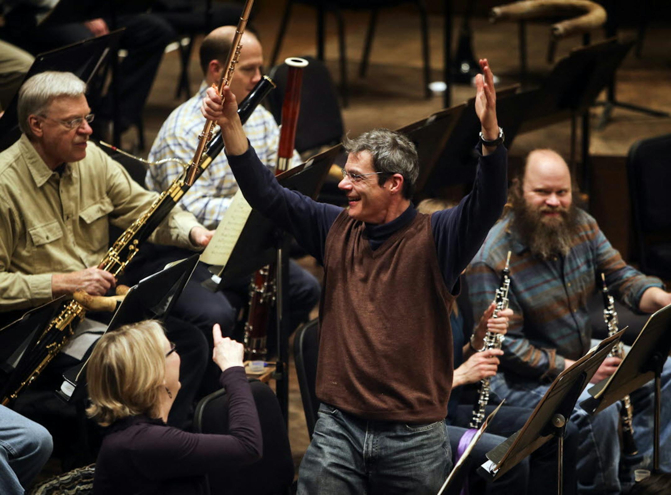 Flutist Adam Kuenzel humorously took credit for playing a sour note as musicians of the Minnesota Orchestra rehearsed for the first time in 20 months at Orchestra Hall on Wednesday. For more photos, go to startribune.com/galleries.