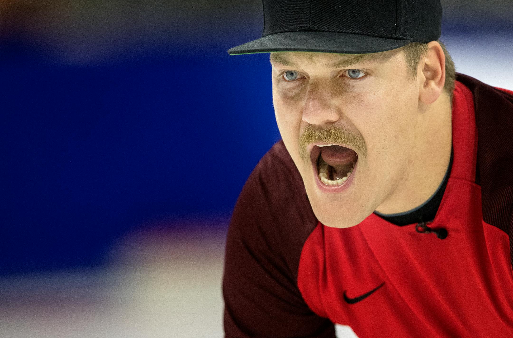 Matt Hamilton called out after delivering the rock during Friday action at the U.S. Olympic curling team trials.