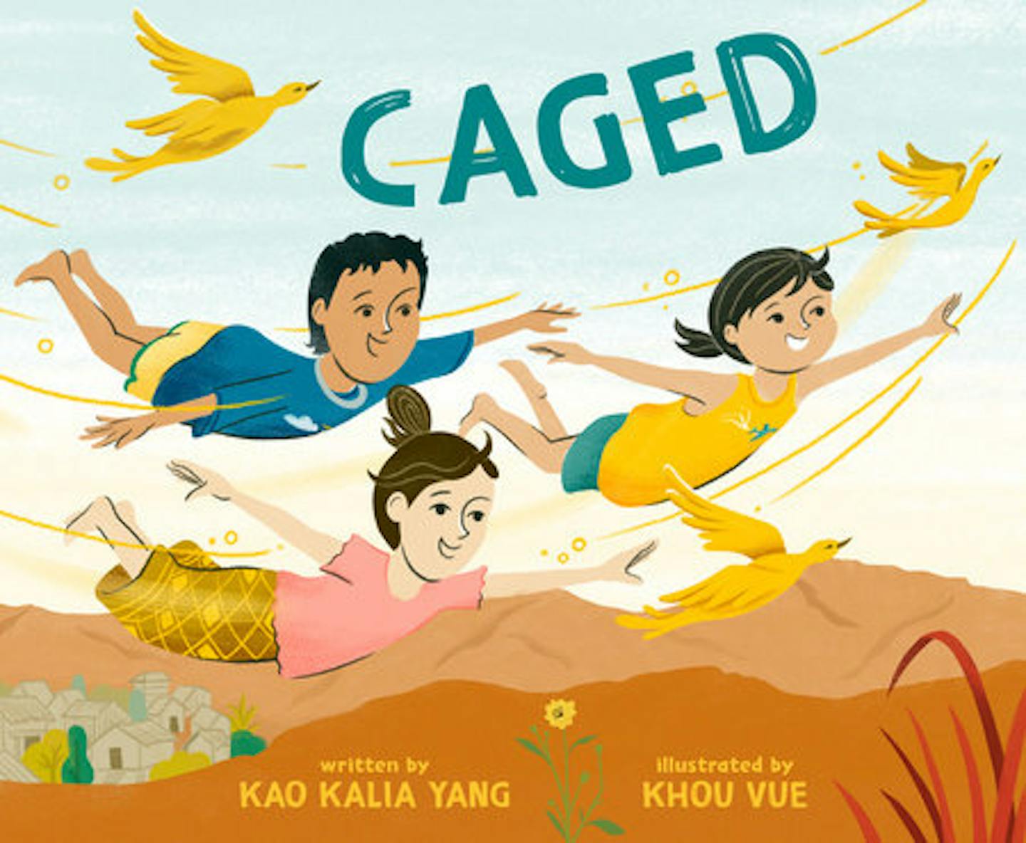 cover of Caged is an illustration of three children flying with a bird