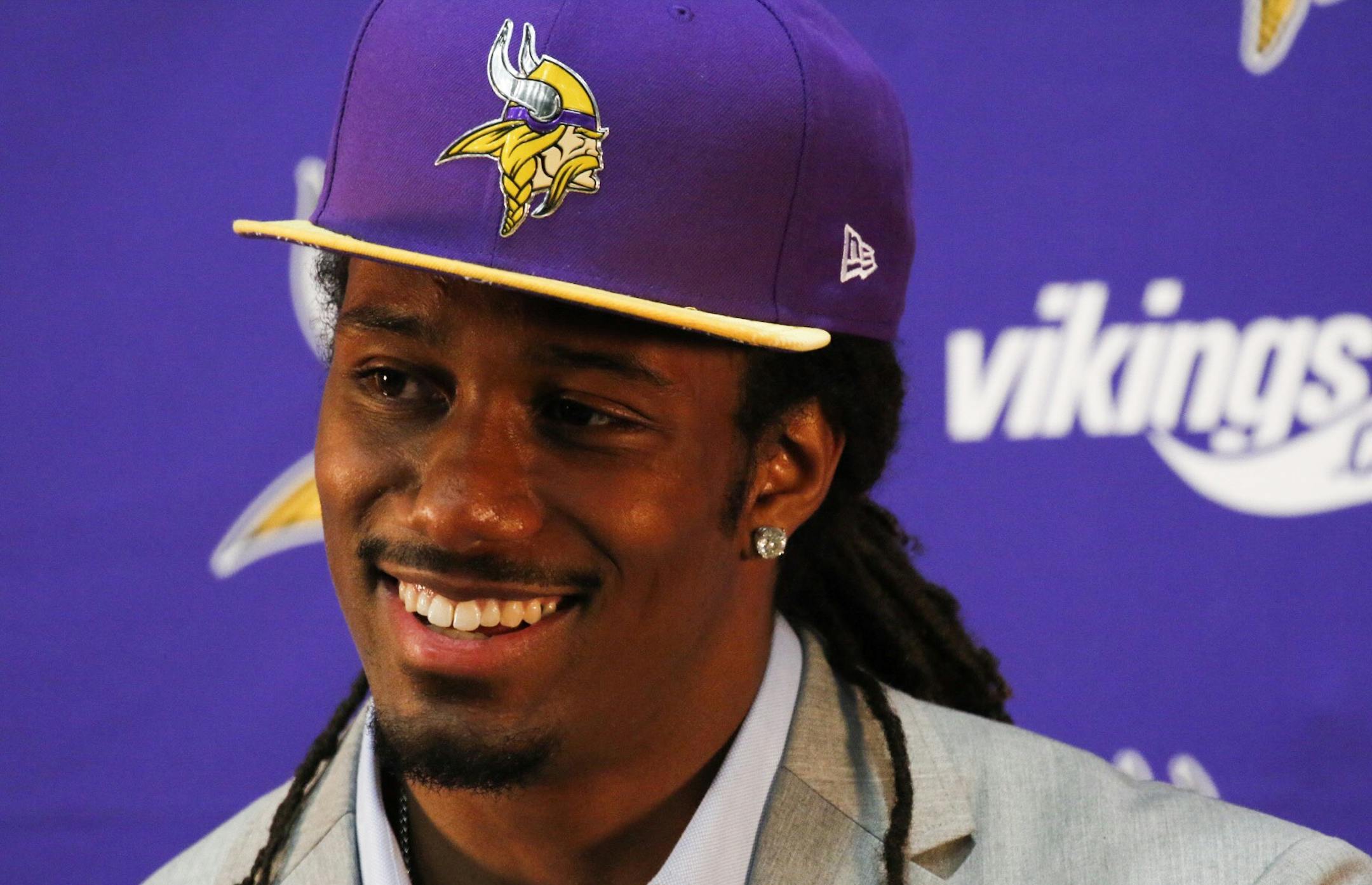Vikings draft choice Trae Waynes displays his jersey at a press introduction at Winter Park, Eden Prairie, MN Friday May01, 2015.
