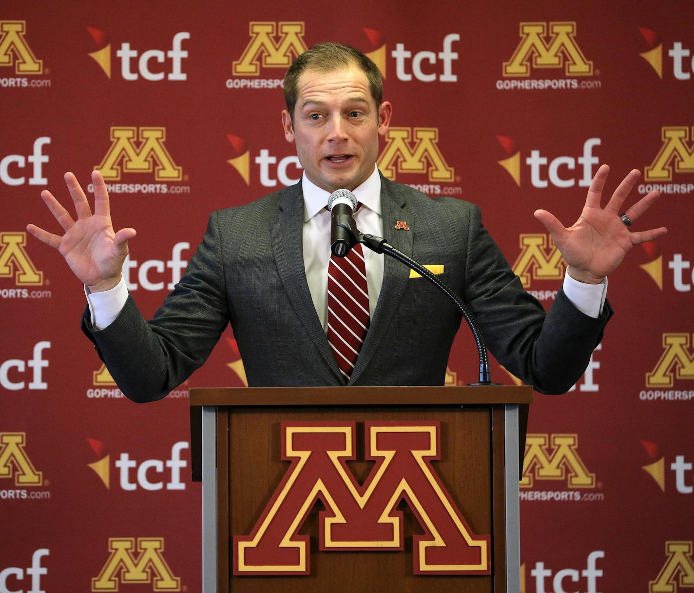 Newly named University of Minnesota football coach P.J. Fleck spoke during a press conference Friday. ] ANTHONY SOUFFLE &#x2022; anthony.souffle@startribune.com University of Minnesota athletic director Mark Coyle and newly name football coach P.J. Fleck held a press conference Friday, Jan. 6 2017 in the Indoor Club Room at TCF Bank Stadium in Minneapolis.