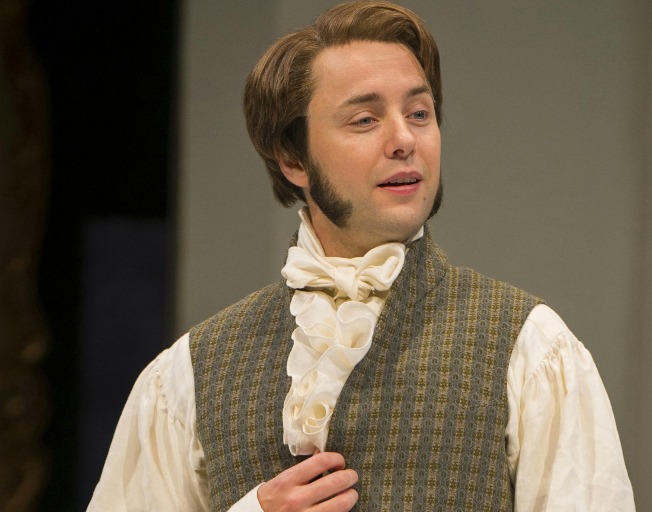 Vincent Kartheiser (Fitzwilliam Darcy) in the Guthrie Theater's production of Pride and Prejudice, by Jane Austen, adapted by Simon Beale. Directed by Joe Dowling, set design by Alexander Dodge, costume design by Mathew LeFebvre and lighting design by Phillip S. Rosenberg. July 12, 2013 - August 31, 2013 on the Wurtele Thurst Stage at the Guthrie Theater, Minneapolis. Photo by Michael Brosilow. ORG XMIT: MIN1307121613090100