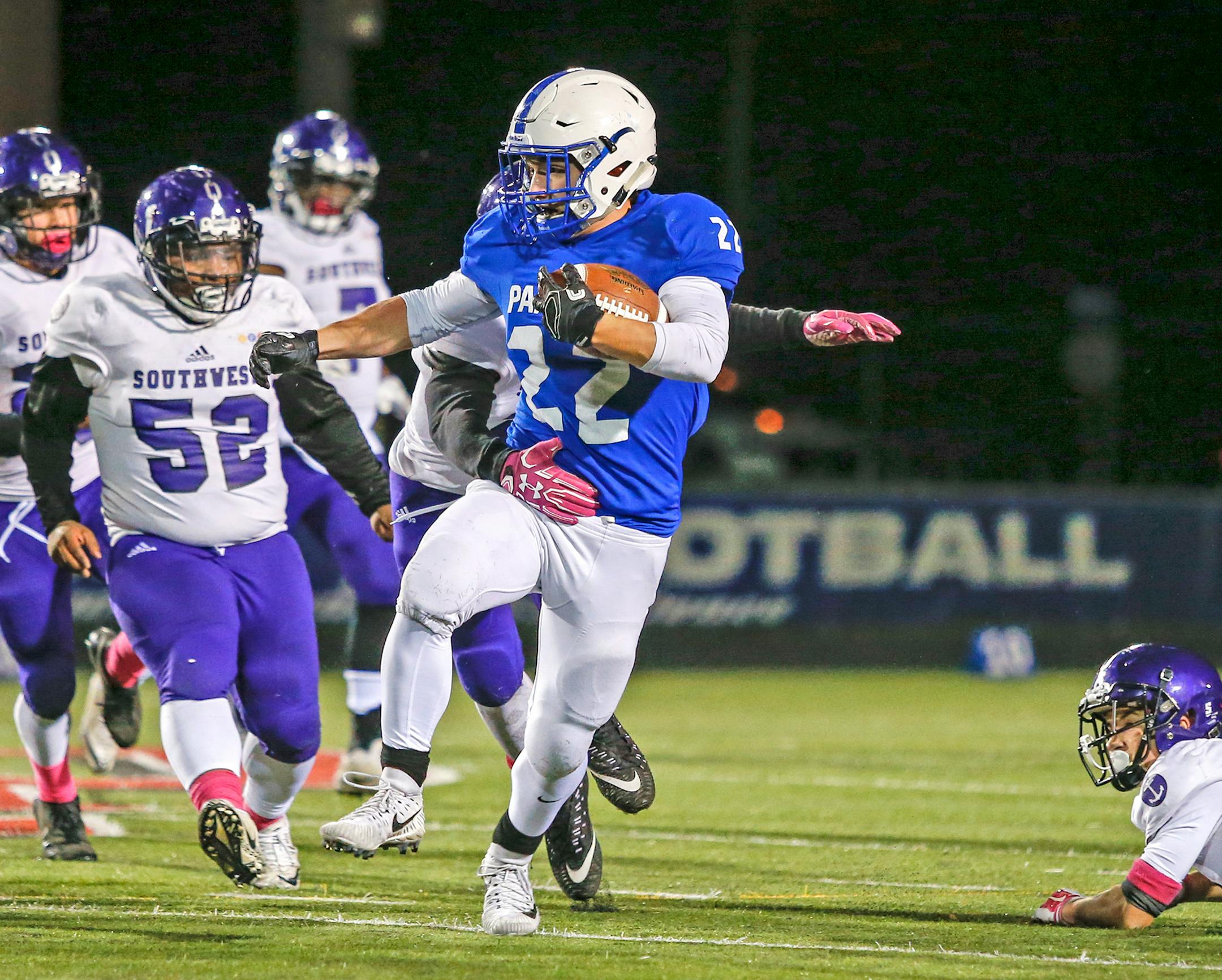 Spring Lake Park running back Cade McMahon runs toward the Minneapolis Southwest end zone in the second quarter. McMahon scored one of the Panthers&#xed; three first-half touchdowns. 5A Section 5 football quarterfinal, Minneapolis Southwest at Spring Lake Park, 10-24-17. Photo by Mark Hvidsten, SportsEngine