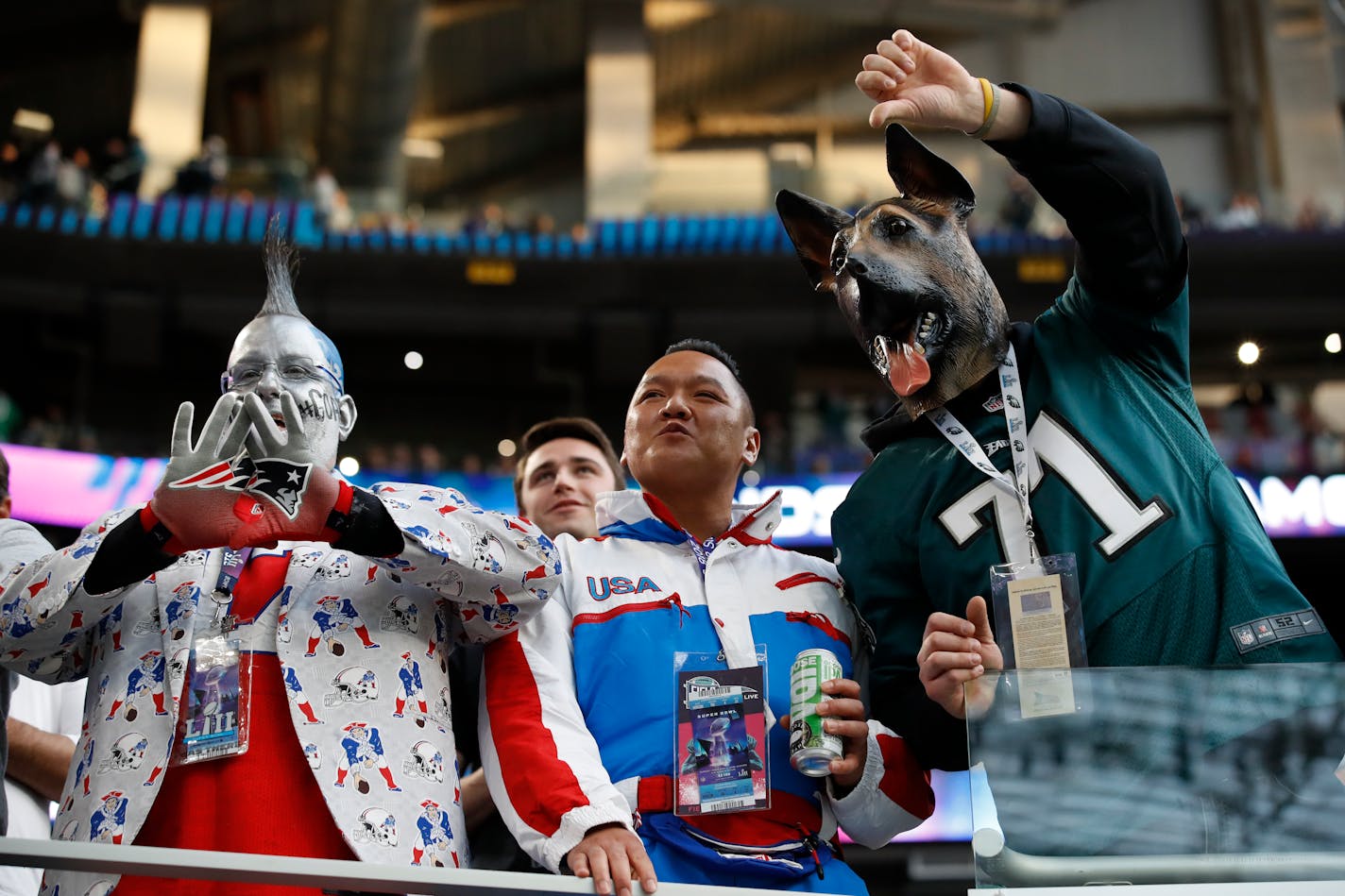 Fans from both the New England Patriots and Philadelphia Eagles engaged in some gamesmanship in the stands Sunday at Super Bowl LII.