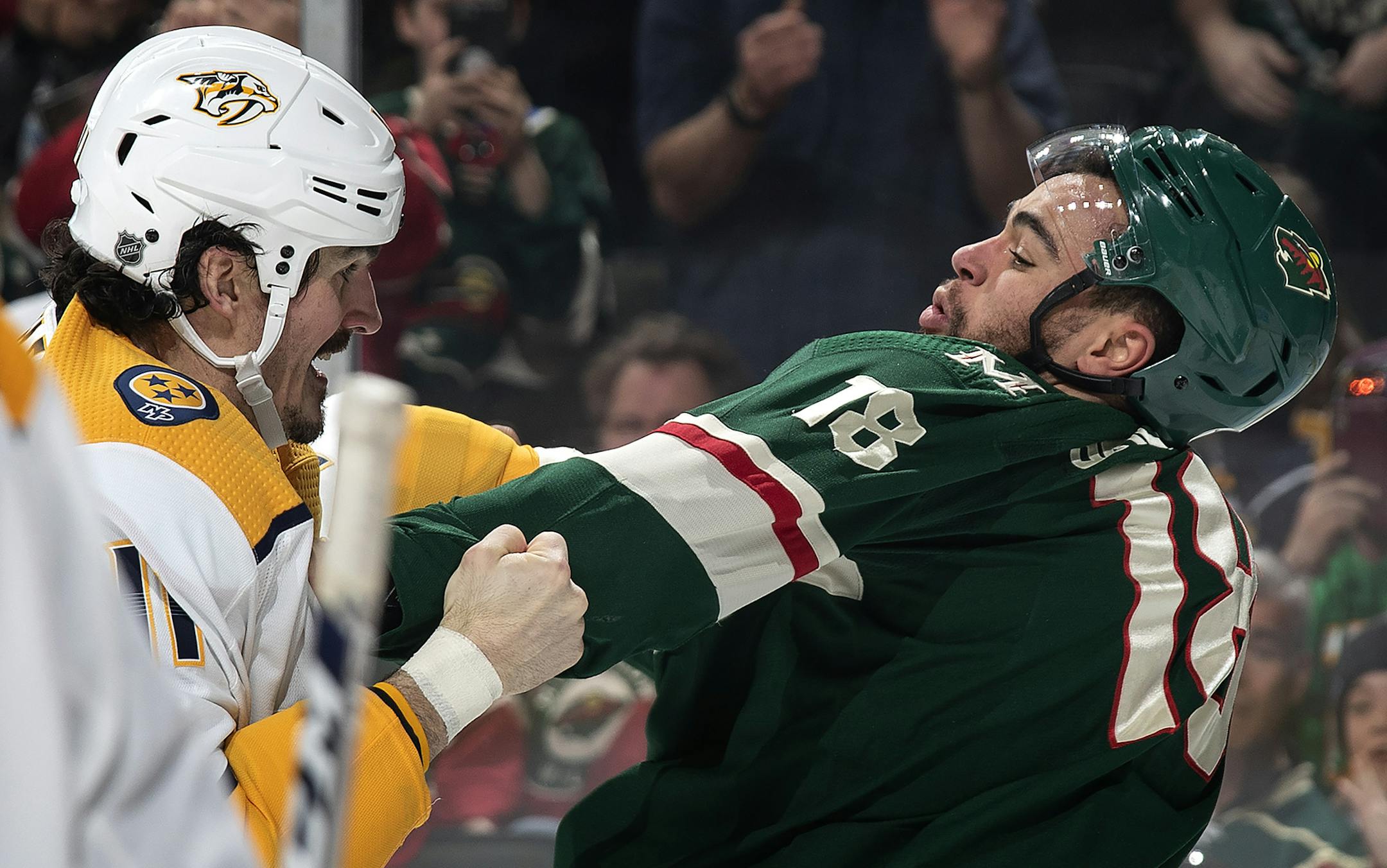 Brian Boyle (11) and Jordan Greenway (18) fought in the first period. ] CARLOS GONZALEZ &#x2022; cgonzalez@startribune.com &#x2013; St. Paul, MN &#x2013; March 25, 2019, Xcel Energy Center, NHL, Hockey, Minnesota Wild vs. Nashville Predators