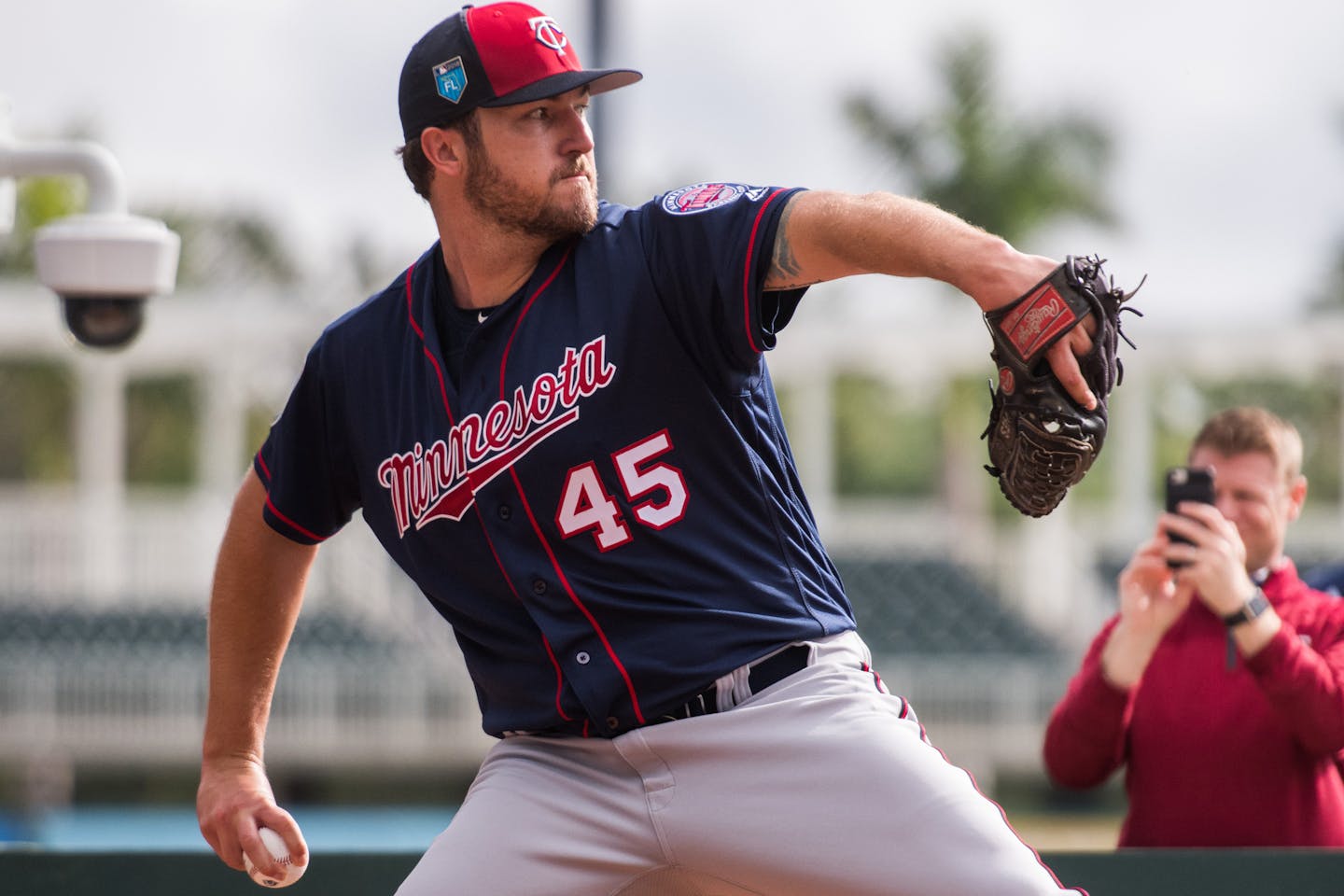 Twins pitcher Phil Hughes (45) pitched in the bullpen. ] MARK VANCLEAVE &#xef; mark.vancleave@startribune.com * First day of pitcher and catcher workouts at Twins spring training in Fort Myers, Florida on Wednesday, Feb. 14, 2018.