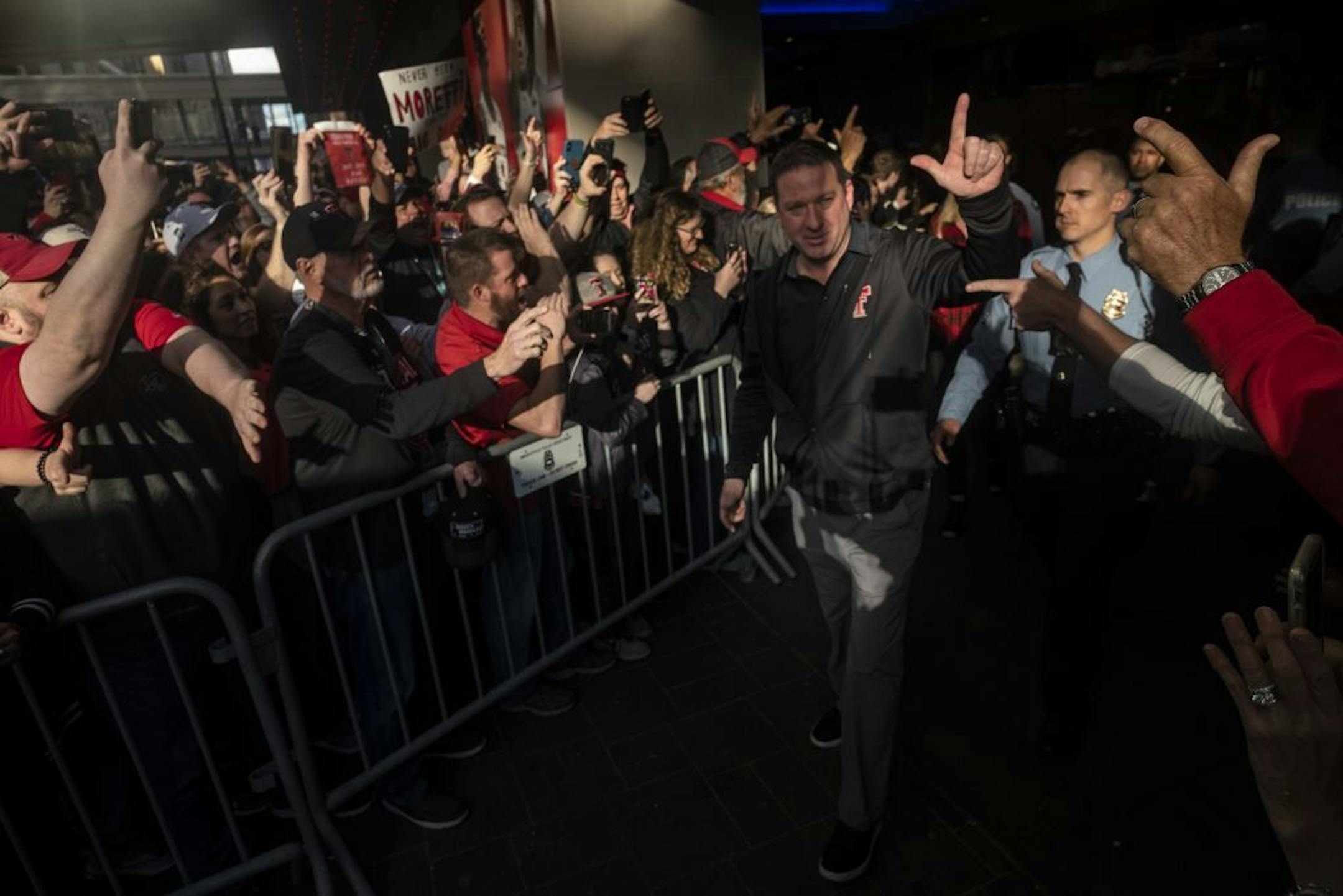 Texas Tech fans send their team off including head coach Chris Beard off as it heads to U.S. Bank Stadium to face Virginia in the NCAA men basketball championship game.