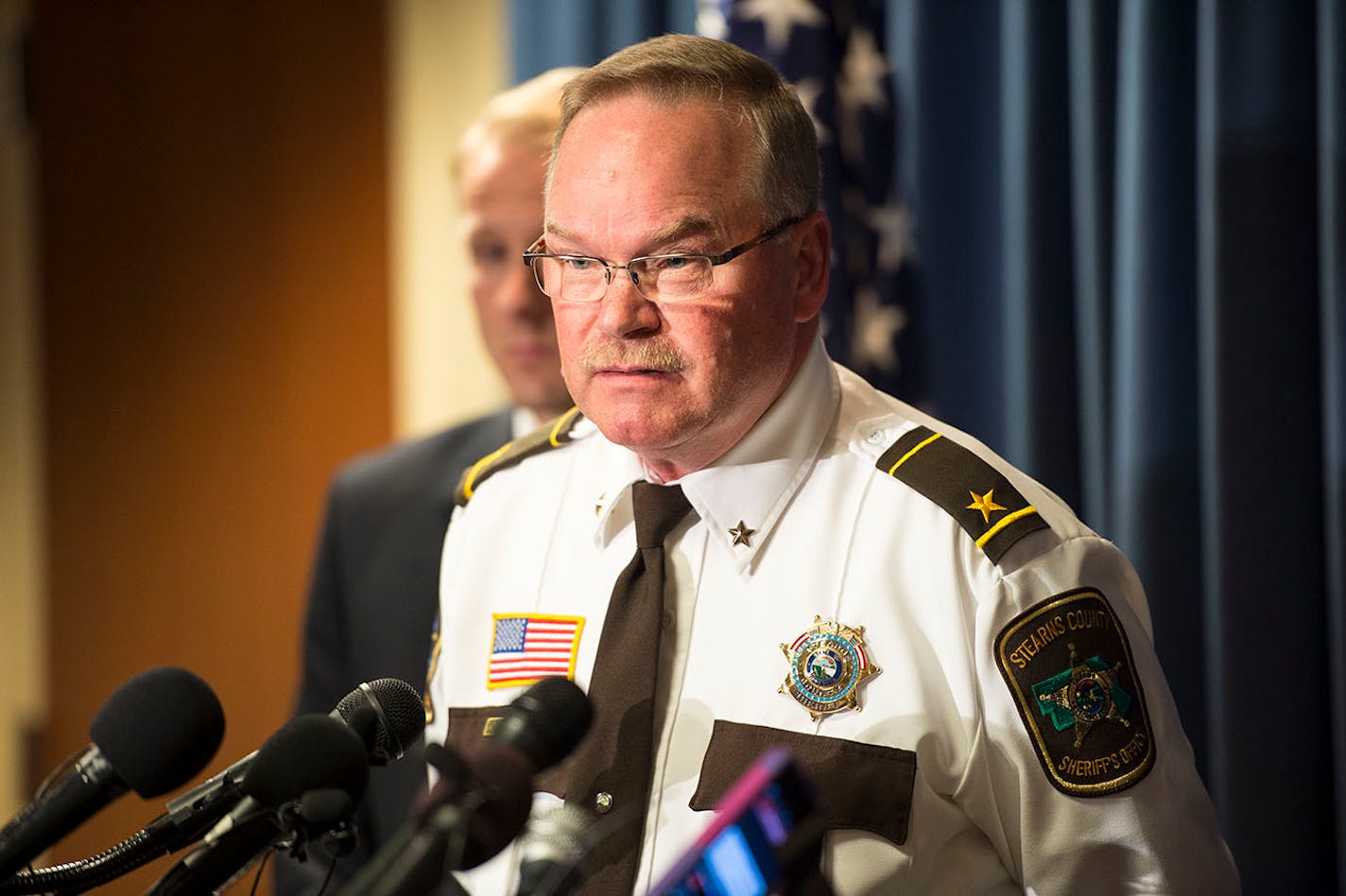 Then-Stearns County Sheriff John Sanner took questions from the media during a press conference Thursday naming a person of interest in the 1989 disappearance of Jacob Wetterling.