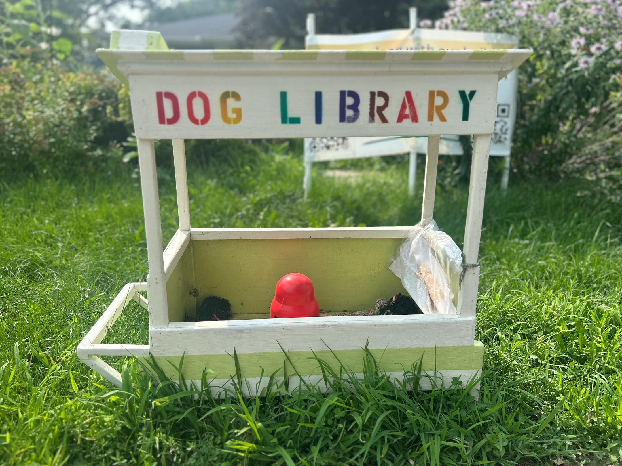 A canopied box made of wood and the colorful words "Dog Library" stenciled onto the top sits on a front yard carrying a few dog toys.