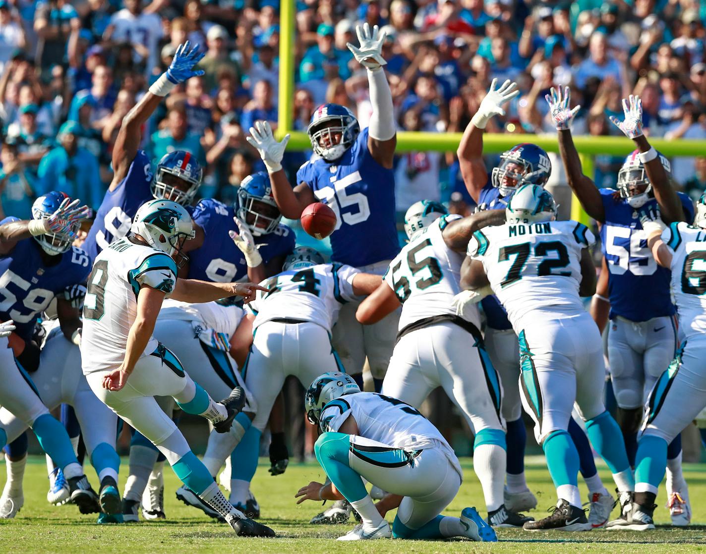 Carolina Panthers' Graham Gano (9) kicks the game-winning field goal against the New York Giants in the second half of an NFL football game in Charlotte, N.C., Sunday, Oct. 7, 2018. (AP Photo/Jason E. Miczek)