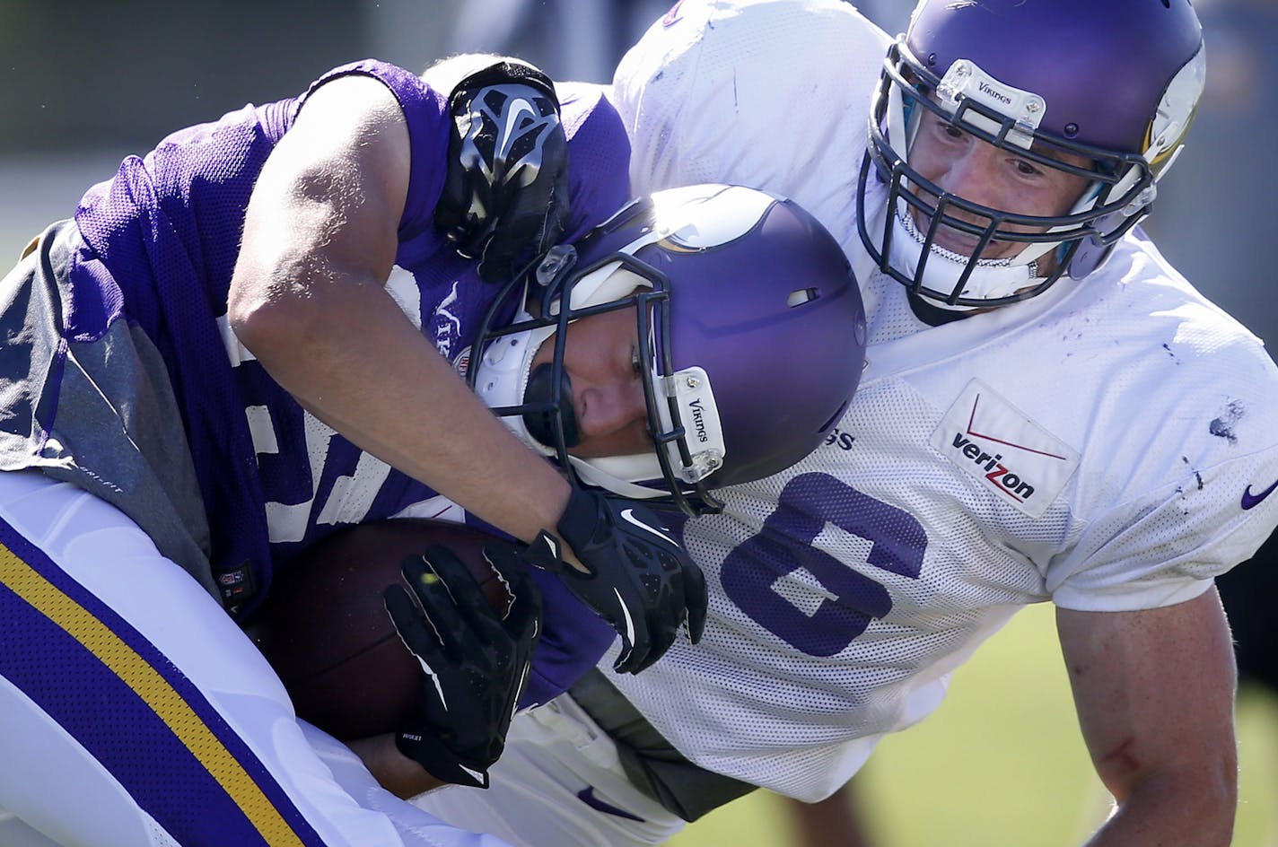 Minnesota Vikings Michael Mauti (56) collided with Isaac Fruechte (15) during an afternoon practice in 2015.