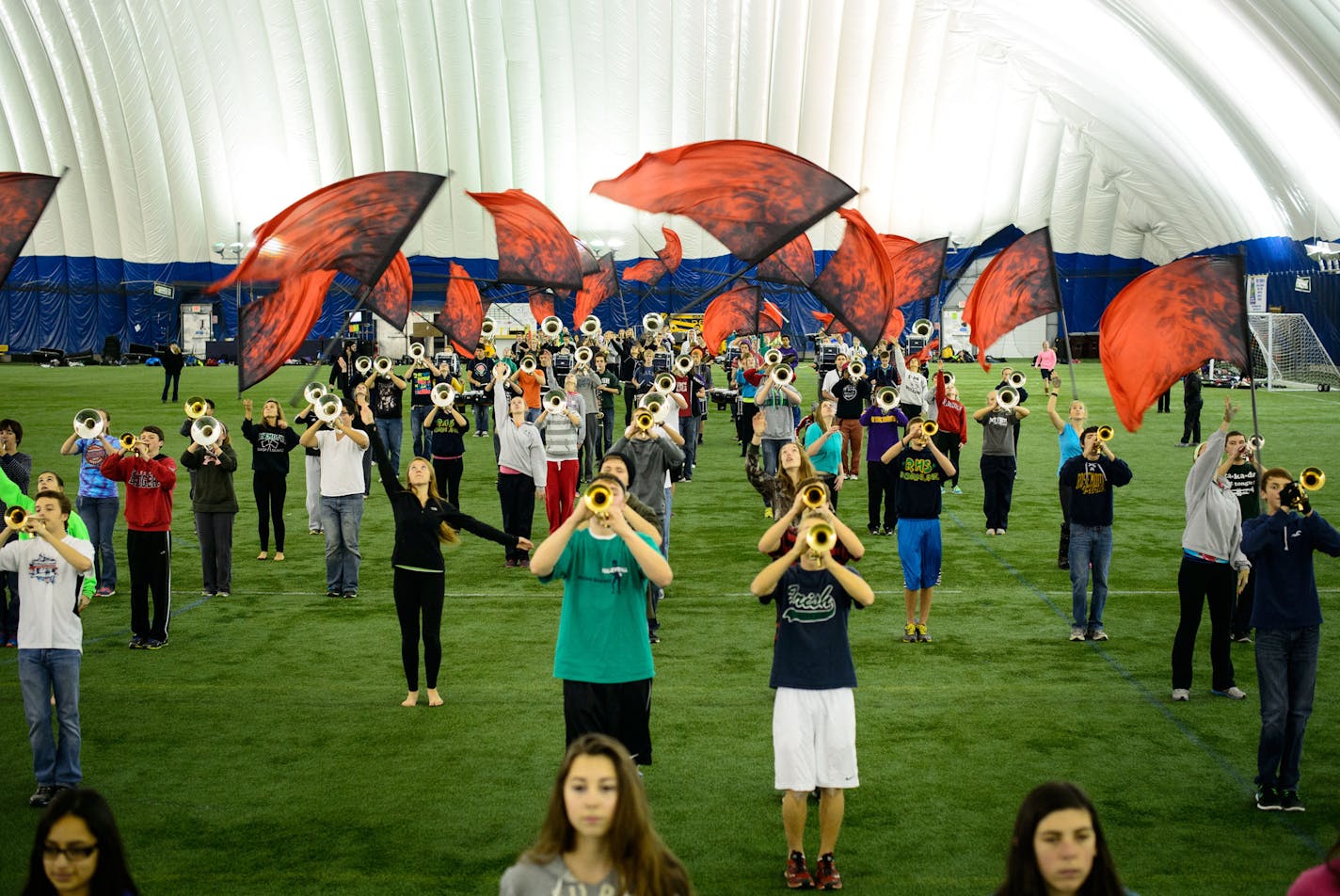 The Rosemount High School Marching Band practiced Monday, November 25, 2013 for the band's appearance in the Rose Bowl Parade on New Years Day. ] GLEN STUBBE * gstubbe@startribune.com