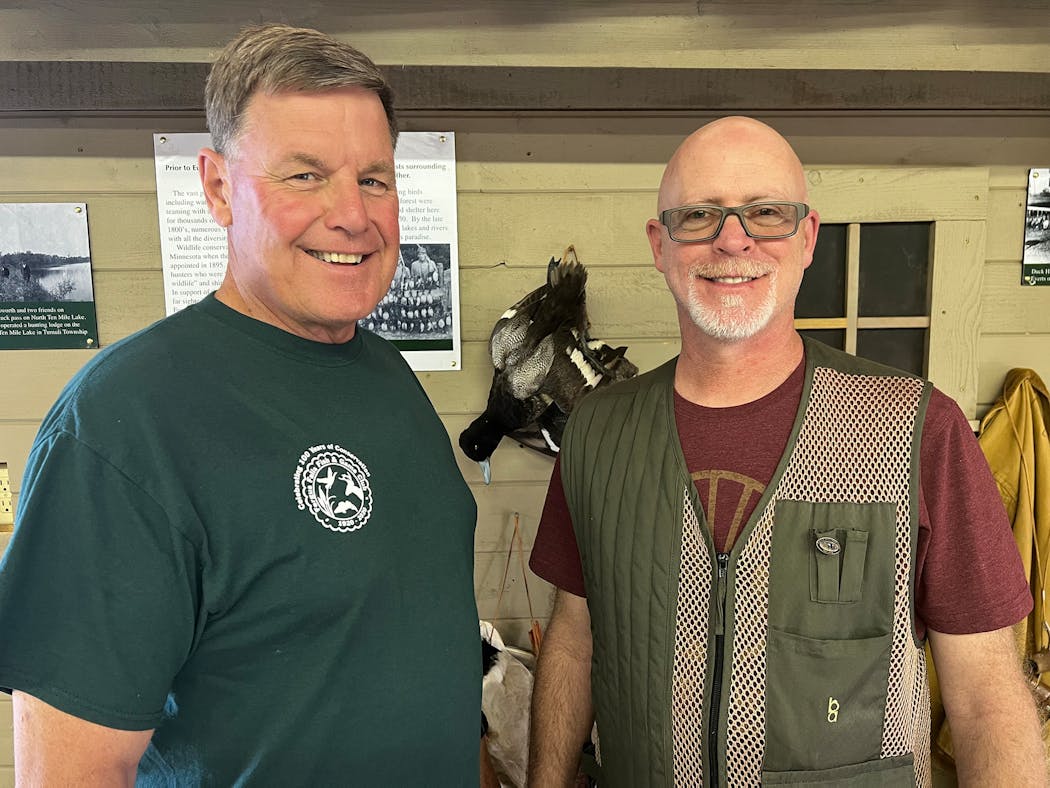 Tony Rondeau of Fergus Falls, left, and Brad Nylin of the Twin Cities, past executive director of the Minnesota Waterfowl Association, are leaders of the reconstituted Woodie Camp for youth, held near Fergus Falls.