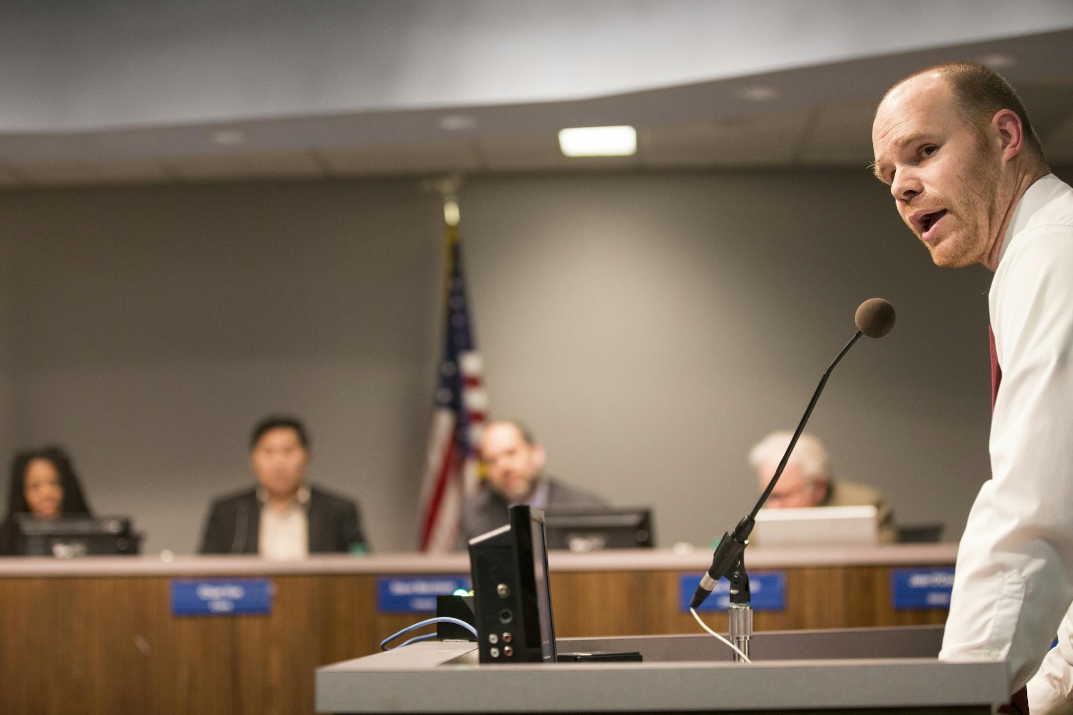 Greg Williams, the parent of a Galtier Community School student, speaks during the public comment portion of a St. Paul School Board meeting.