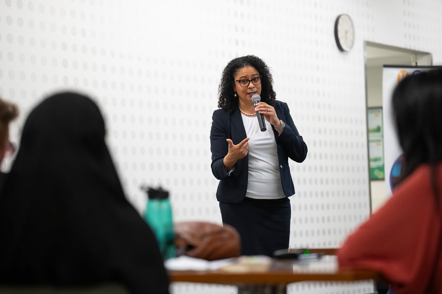 Sonia Stewart responded to a question posed by MPS school board student representative Halimah Abdullah, left, during a q &amp; a at the meet and greet preceding her interview by the school board. Sonia Stewart is one of the two finalists to be superintendent of Minneapolis Public Schools. She was introduced to the public at a meet and greet and then interviewed by the school board Monday night, November 27, 2023 at the Davis Center in Minneapolis. ] JEFF WHEELER • Jeff.Wheeler@startribune.com