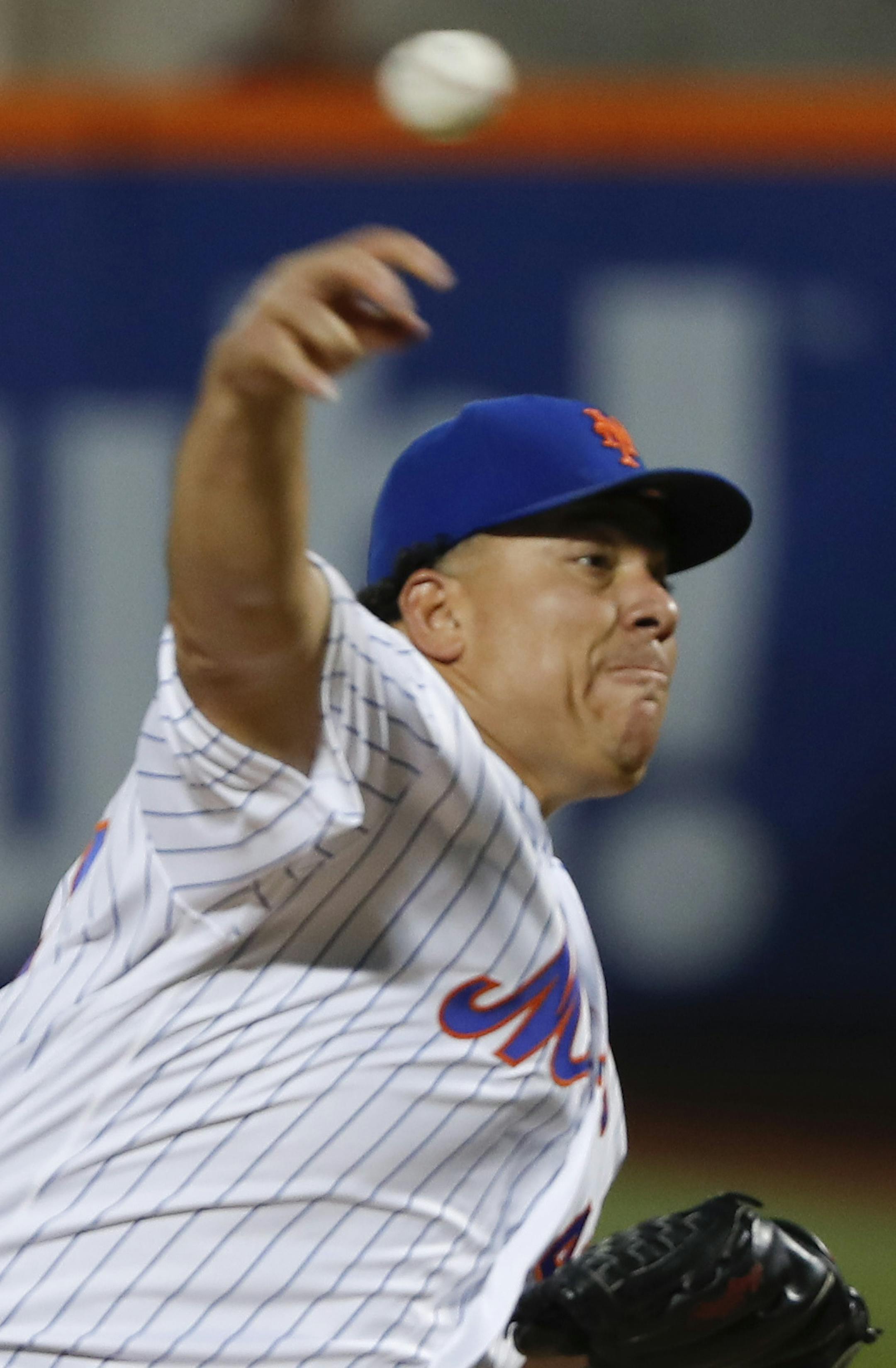 New York Mets starting pitcher Bartolo Colon delivers against the Minnesota Twins during the first inning of a baseball game, Friday, Sept. 16, 2016, in New York. (AP Photo/Julie Jacobson)