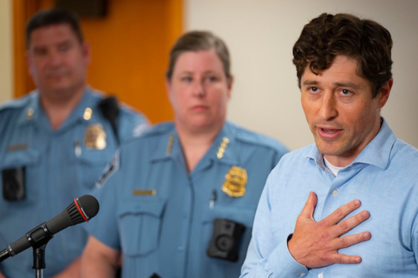 Minneapolis Mayor Jacob Frey spoke at a news conference Tuesday about the events of the night of July 4th. that took place on the Fourth of July Tuesday, July 5, 2022 at Minneapolis City Hall. ]