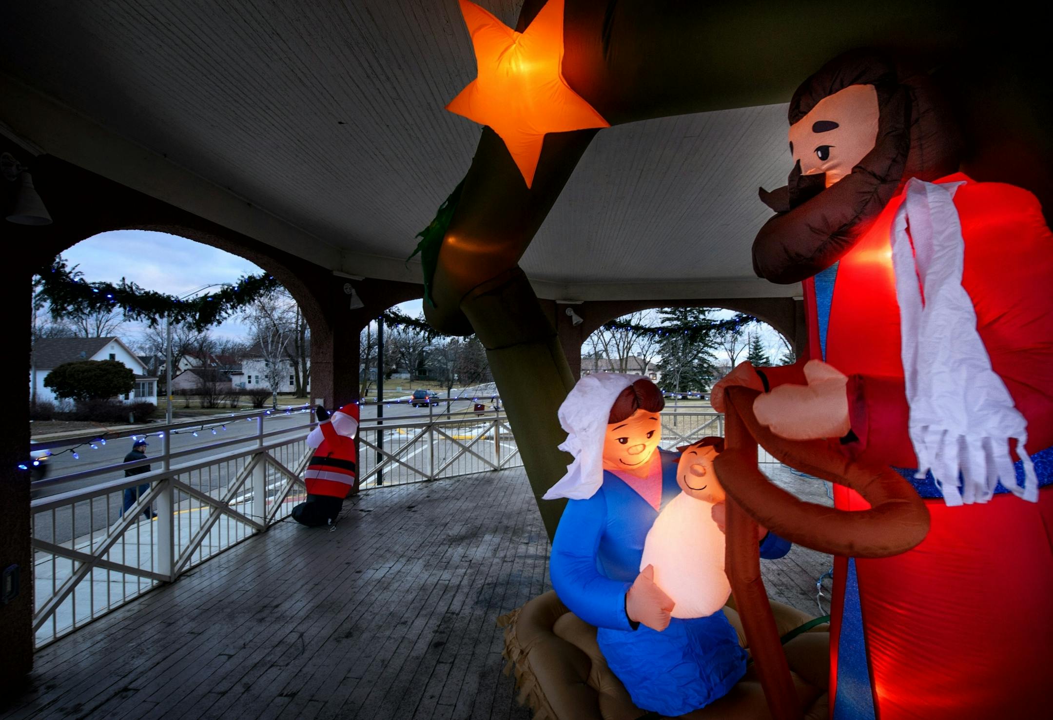 The city owned nativity scene was displayed in this city park gazebo for as long as any residents can remember before it had to be sold. A resident discovered that they can rent the bandshell during park hours so they decided to place this nativity sign there, it just has to be removed every night after 10:00 p.m.