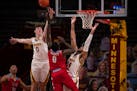 Gophers center Liam Robbins (0) fouled Loyola Marymount guard Eli Scott (0) late in the game Monday night.