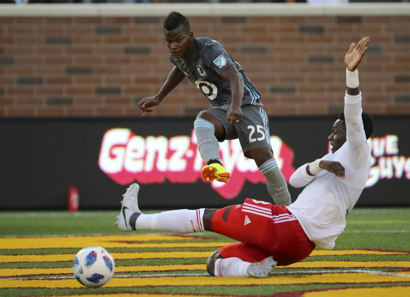 Minnesota United forward Carlos Darwin Quintero (25) watched his first half shot roll past New England Revolution defender Jalil Anibaba before it landed in the net. ] JEFF WHEELER &#xef; jeff.wheeler@startribune.com Minnesota United faced the New England Revolution in an MLS soccer match Wednesday night, July 18, 2018.