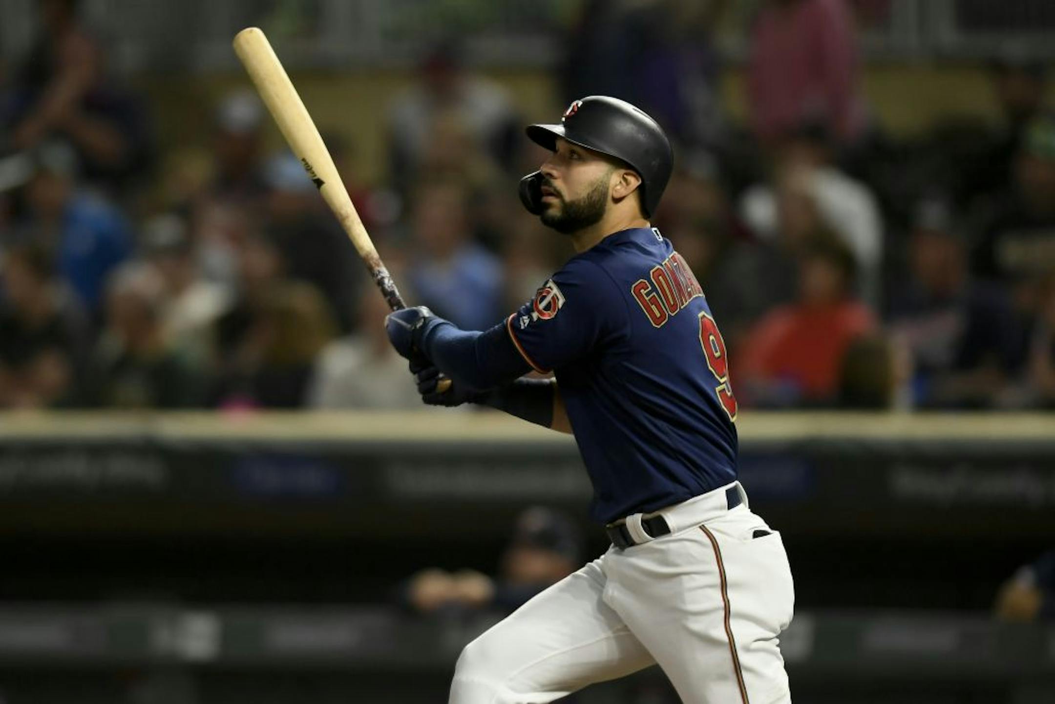 Minnesota Twins third baseman Marwin Gonzalez (9) hit a solo home run against the Cleveland Indians in the bottom of the seventh inning.