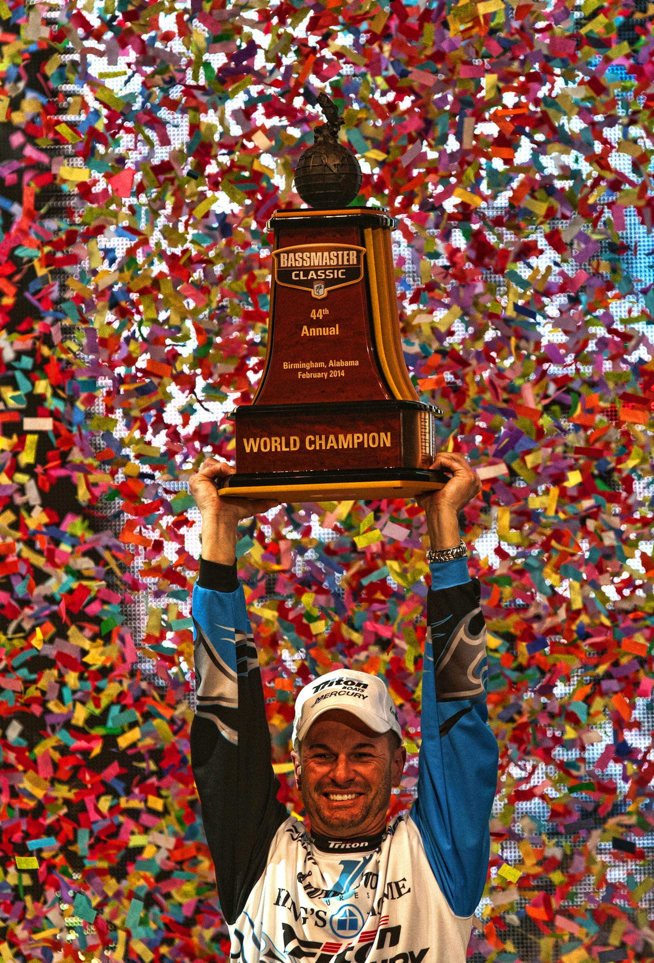 Randy Howell celebrates with his trophy after winning the 2014 Bassmaster Classic, the Superbowl of bass fishing tournaments. Photos courtsey B.A.S.S.