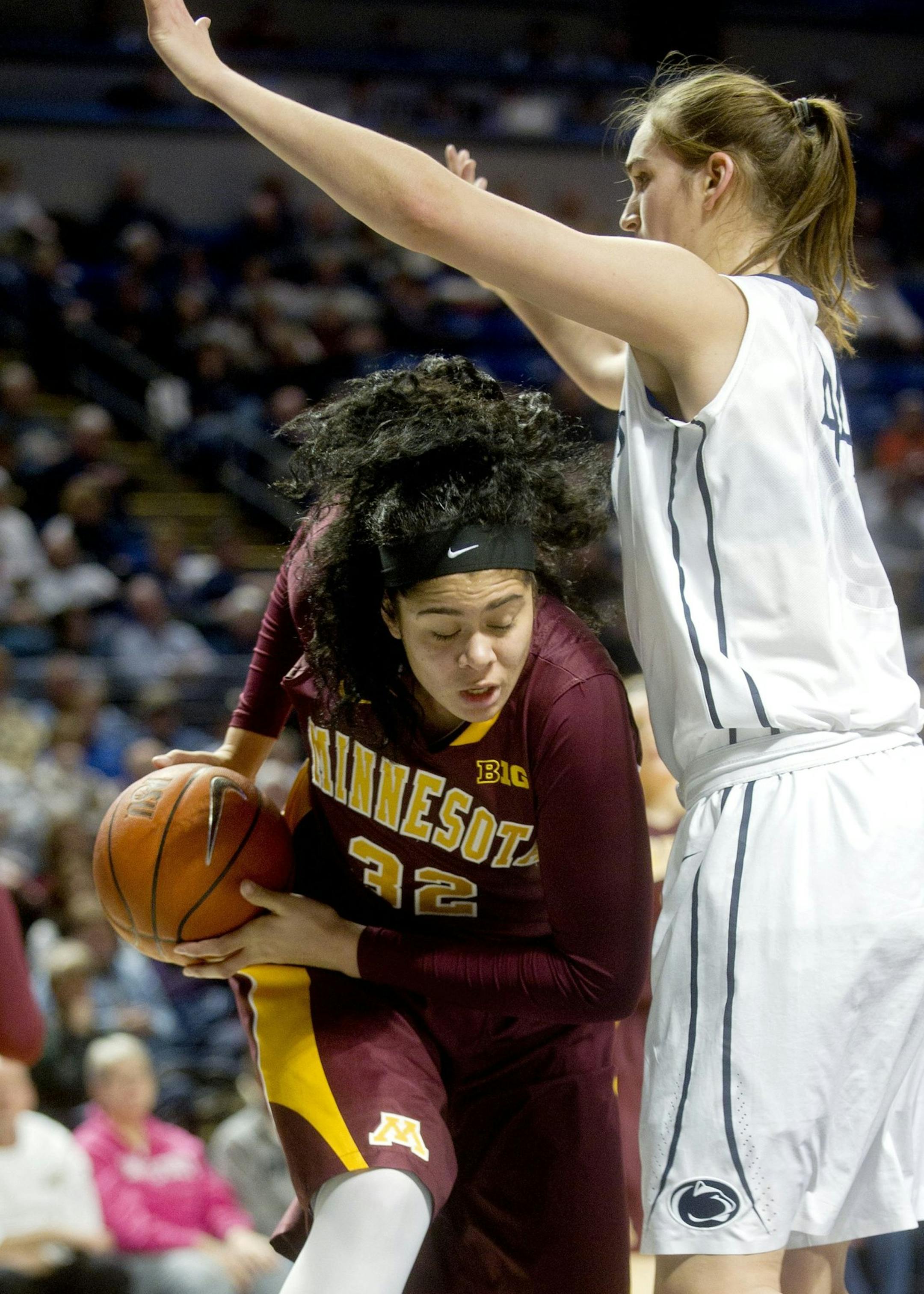 Minnesota's Amanda Zahui B. tries to push around Penn State's Tori Waldner during a women's college basketball game at the Bryce Jordan Center in State College, Pa., on Sunday, Jan. 26, 2014. The Penn State Lady Lions defeated the Minnesota Gophers, 83-53. (Abby Drey/Centre Daily Times/MCT) ORG XMIT: 1148345