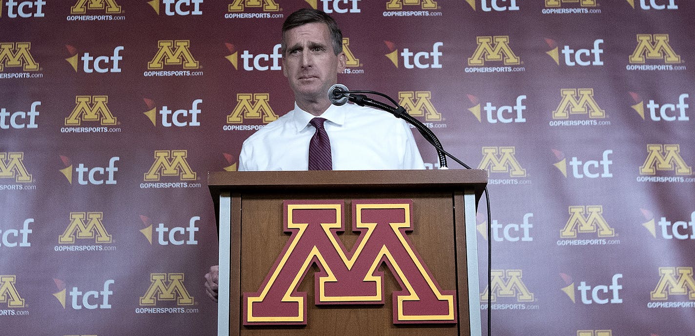 University of Minnesota Athletics Director Mark Coyle addressed the media after the firing of Gophers football coach Tracy Claeys. ] CARLOS GONZALEZ cgonzalez@startribune.com - January 3, 2017, Minneapolis, MN, TCF Bank Stadium, University of Minnesota Football head coach, Tracy Claeys fired. MINNEAPOLIS, MN (Jan. 3, 2017) &#xf1; University of Minnesota Athletics Director Mark Coyle today relieved Gophers football coach Tracy Claeys of his duties, along with most of the rest of the coaching staf