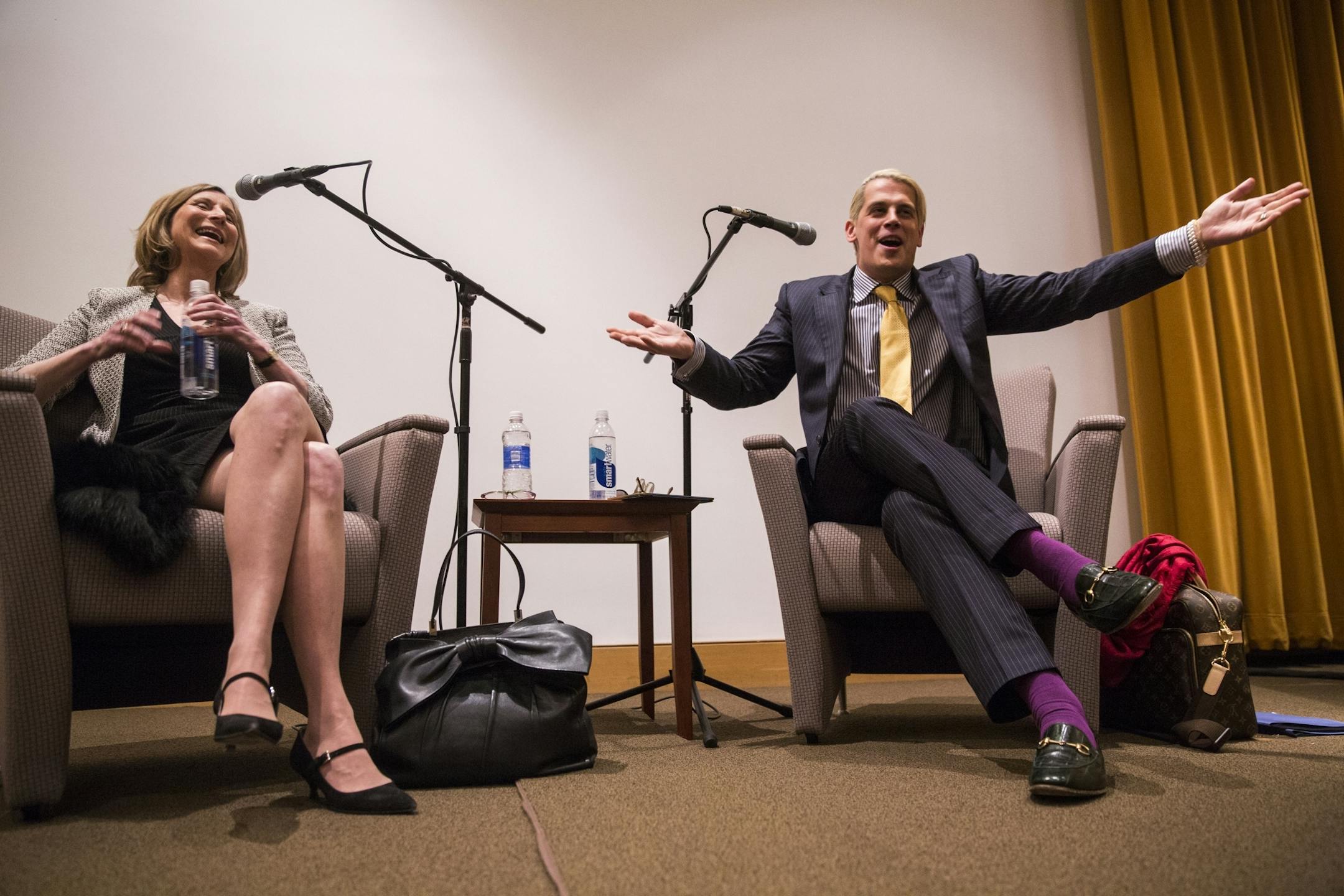 Milo Yiannopoulos, right, and Christina Hoff Sommers answer questions during a talk at the Humphrey Institute of Public Affairs on the campus of the University of Minnesota in Minneapolis on Wednesday, February 17, 2016.