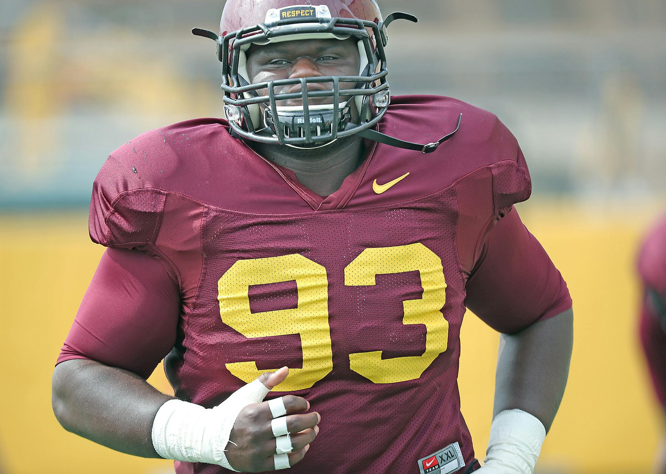 Minnesota Gophers defensive lineman Merrick Jackson took to the field for drills at practice at the Gibson Nagurski Football Complex U of M, Friday, August 12, 2016 in Minneapolis, MN. ] (ELIZABETH FLORES/STAR TRIBUNE) ELIZABETH FLORES • eflores@startribune.com