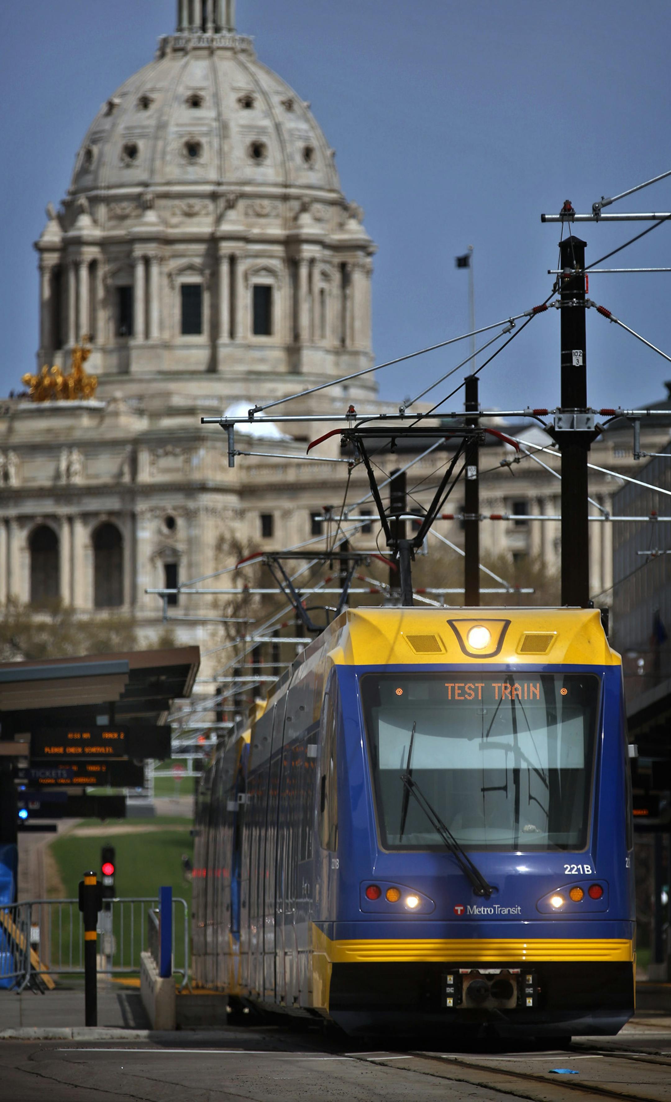 A train traveled west along University Avenue along the new Green Line. ] JIM GEHRZ ‚Ä¢ jgehrz@startribune.com / Minneapolis, MN / May 13 , 2014 / 8:30 PM / BACKGROUND INFORMATION: The newly constructed Metro Transit Green Line is the largest public works project in state history. The line, which begins operation for the public on June 14, connects downtown St. Paul and downtown Minneapolis along an 8-mile light rail line.
