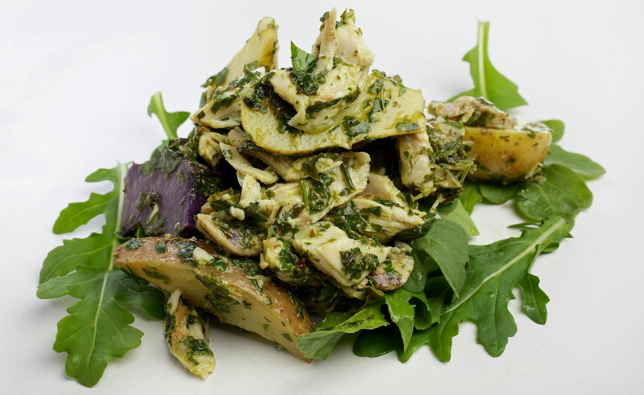 Potato and Chicken Salad With Salsa Verde. Illustrates CHICKENSALAD (category d), by Bonnie S. Benwick (c) 2014, The Washington Post. Moved Monday, June 9, 2014. (MUST CREDIT: Photo for The Washington Post by Deb Lindsey)