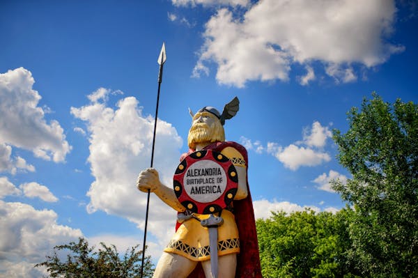 Big Ole, a 50-year-old wood and fiberglass viking sculpture needs $24,500 in repairs. He has a family of birds nesting in his shoulder, his cape may c