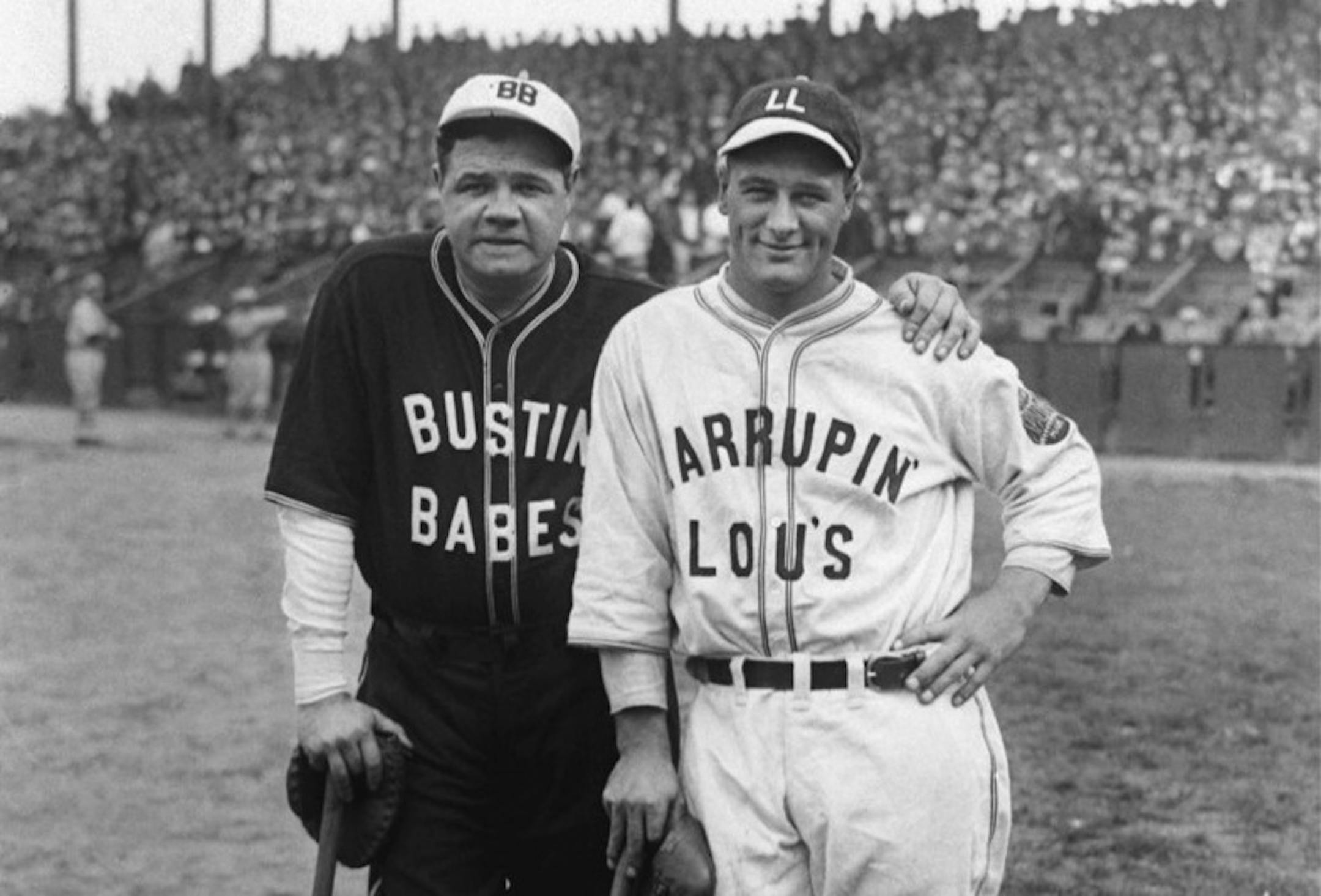 FILE - This October 1927 file photo shows New York Yankees stars Babe Ruth, left, and Lou Gehrig posing during an exhibition game. The sport's most successful franchise reached mythical heights in 1927, when Ruth hit 60 home runs and did not even lead the team in total bases. That distinction went to Gehrig, who batted .373 with 47 homers, 52 doubles and 18 triples. (AP Photo/File)