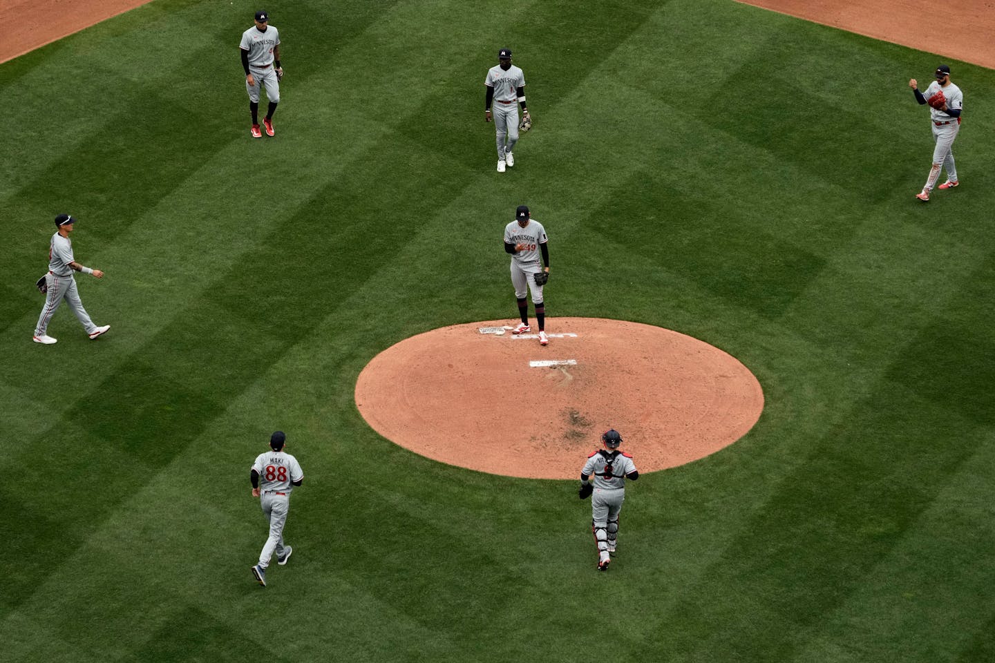 Teammates walk to the pitcher's mound to have a meeting with Minnesota Twins starting pitcher Pablo Lopez during the fifth inning of an opening day baseball game against the Kansas City Royals in Kansas City, Mo., Thursday, March 30, 2023. (AP Photo/Charlie Riedel) ORG XMIT: MOCR126