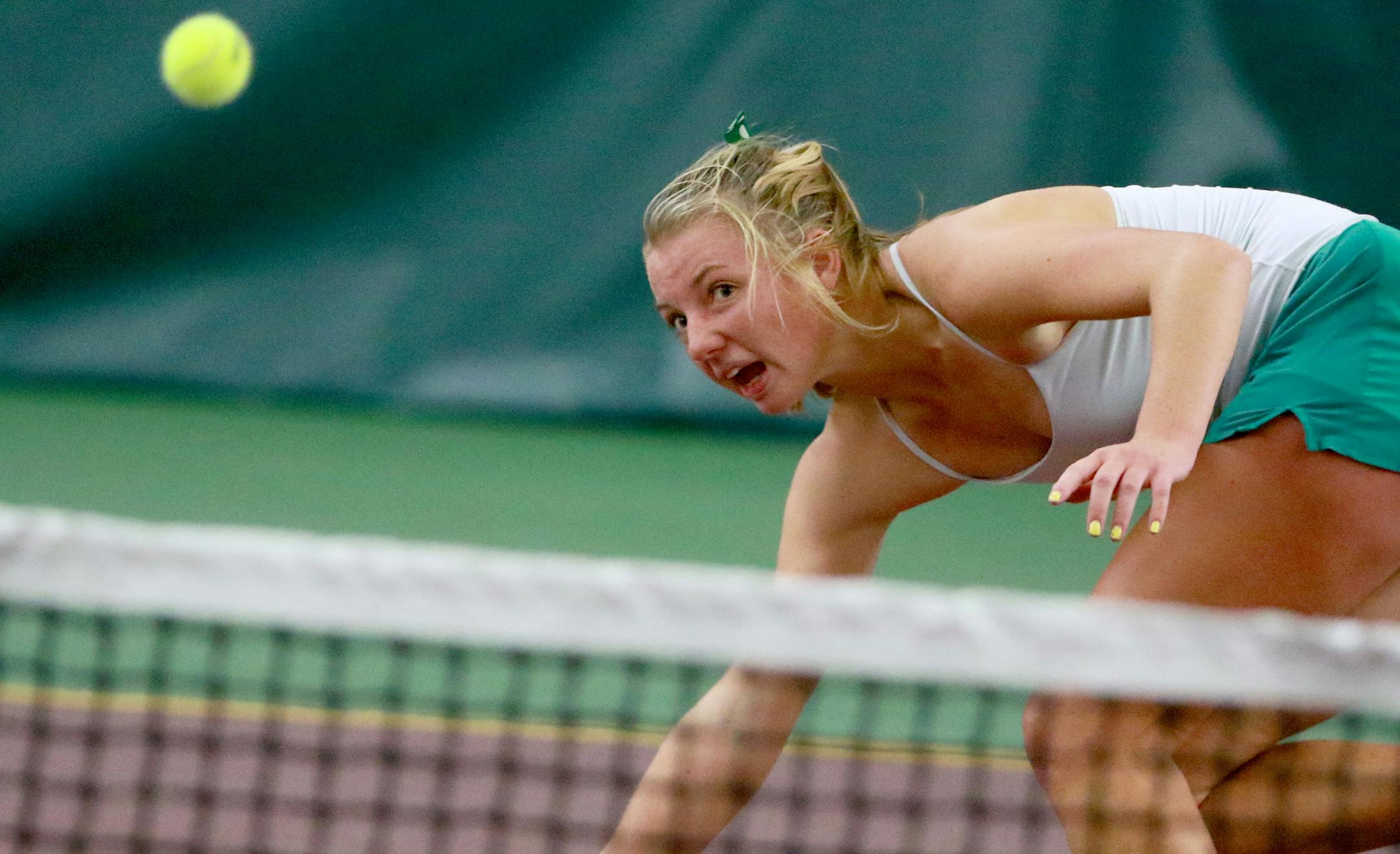In the number one singles match Mounds View's Taylor Trondson battled Eagan's Lauren Ferg during the girls' tennis state tournament, team prelims, at the University of Minnesota's Baseline Tennis Center Tuesday, Oct. 23, 2018, in Minneapolis, MN.] DAVID JOLES ï david.joles@startribune.com girls' tennis state tournament, team prelims. Please shoot end of the 8 a.m. match and the 10 a.m. match if possible.
8 a.m. Edina vs. Wayzata
10 a.m. Mounds View vs. Eagan**Lauren Ferg, Taylor Trondson, c