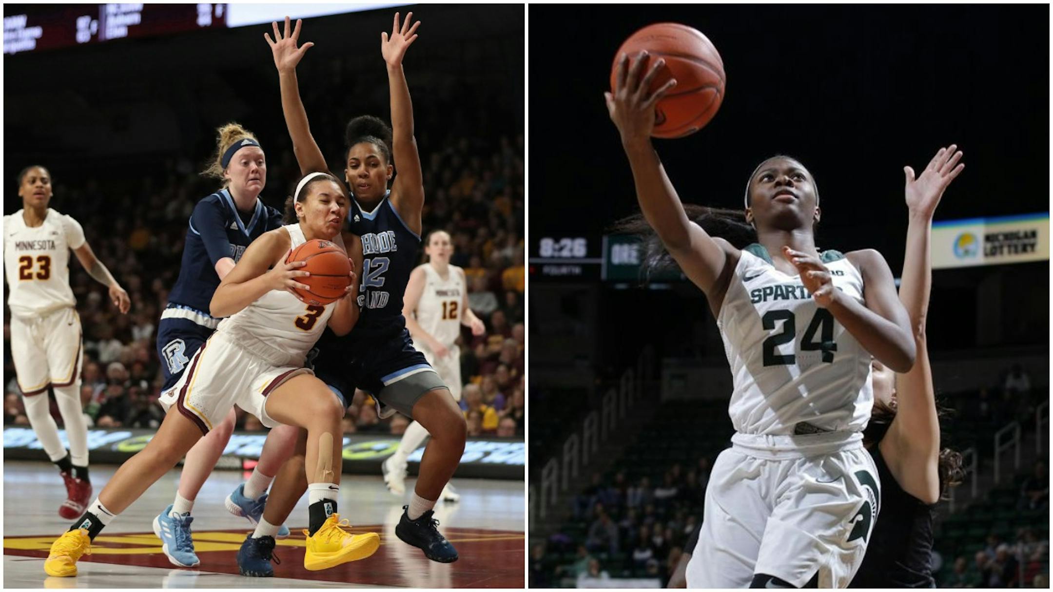 U sophomore Destiny Pitts (left) and Michigan State freshman Nia Clouden.