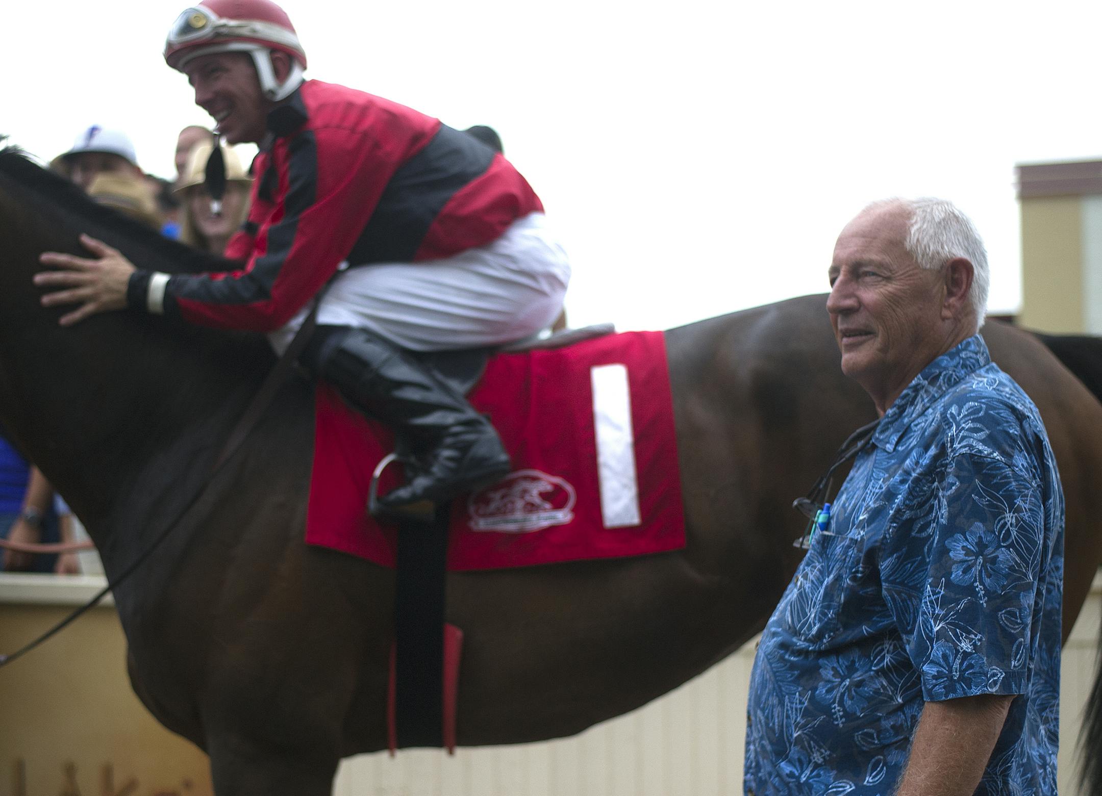 Trainer Bernell Rhone, right, had a winner in Bourbon County, ridden by Dean Butler. Bourbon County took the $60,000 Minnesota Sprint Championship on Sunday at Canterbury Park