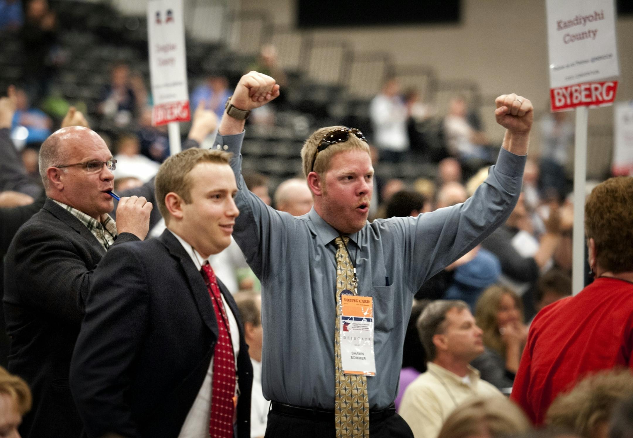 Shawn Sommer of Maplewood cheered when it was announced that 12 of the 13 delegates headed to Tampa for the national convention are Ron Paul and Kurt Bills supporters. Saturday, May 19, 2012