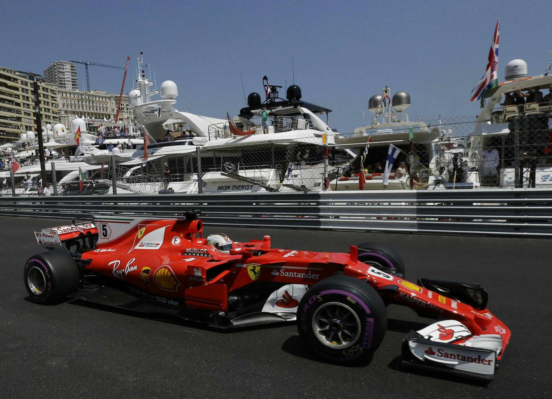 Ferrari driver Sebastian Vettel of Germany steers his car during the qualification at the Formula One Grand Prix at the Monaco racetrack in Monaco, Saturday, May 27, 2017. The Formula 1 Grand Prix of Monaco race will take place on Sunday May 28. (AP Photo/Claude Paris)