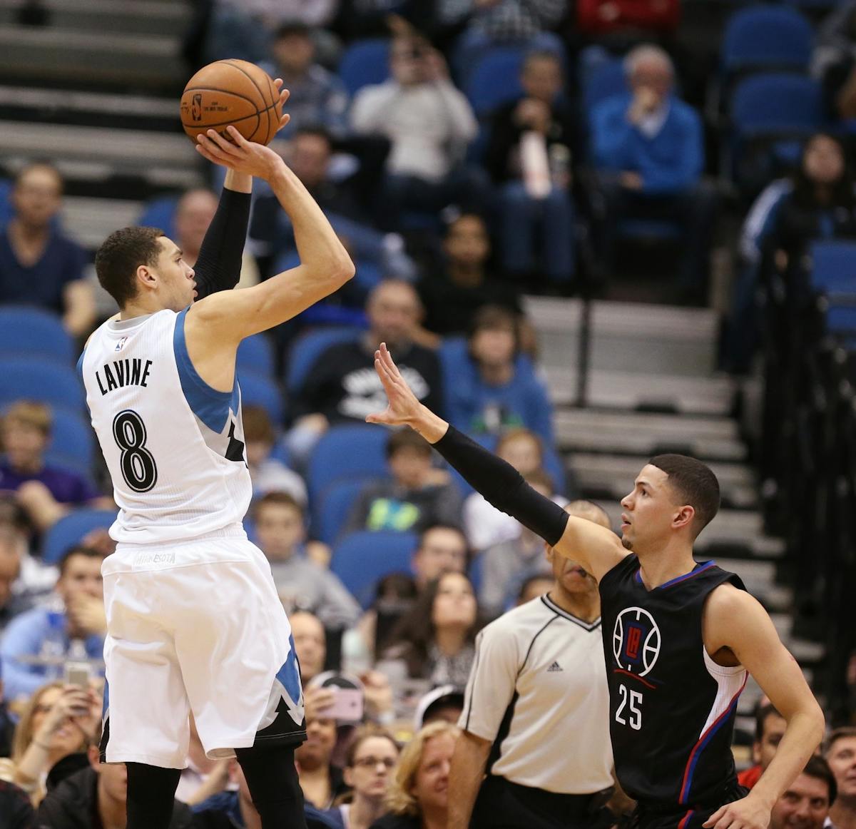 Minnesota Timberwolves guard Zach LaVine (8) shoots against Los Angeles Clippers guard Austin Rivers (25) during the second half.