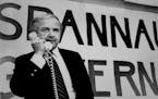 February 24, 1982 Minnesota Attorney General Warren Spannaus takes a call from one of many precincts Tuesday night as he sought how well he fared duri