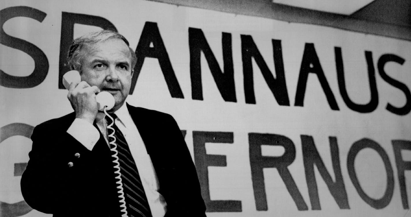 February 24, 1982 Minnesota Attorney General Warren Spannaus takes a call from one of many precincts Tuesday night as he sought how well he fared during statewide precinct caucuses in his quest for the DFL nomination for governor of Minnesota. February 24, 1982 Attorney General Warren Spannaus kept track of how he was faring Tuesday While he would prefer that Perpich seek party endorsement, Spannaus said he could defeat Perpich in a primary, and said a primary contest would bring a "healthy" deb