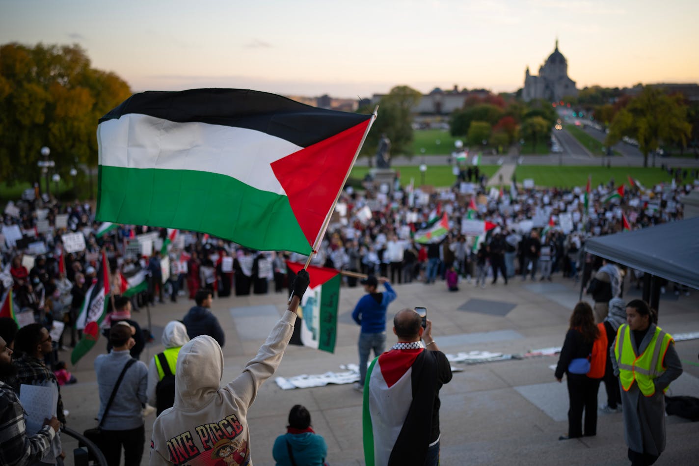 Hundreds of people chanted slogans together and listened to speakers during the rally at the State Capitol. The Anti-War Committee and other groups organized a protest Wednesday evening, October 18, 2023 that hundreds of people attended at the Minnesota State Capitol in St. Paul in support of Palestine and the Palestinian people. ] JEFF WHEELER • jeff.wheeler@startribune.com