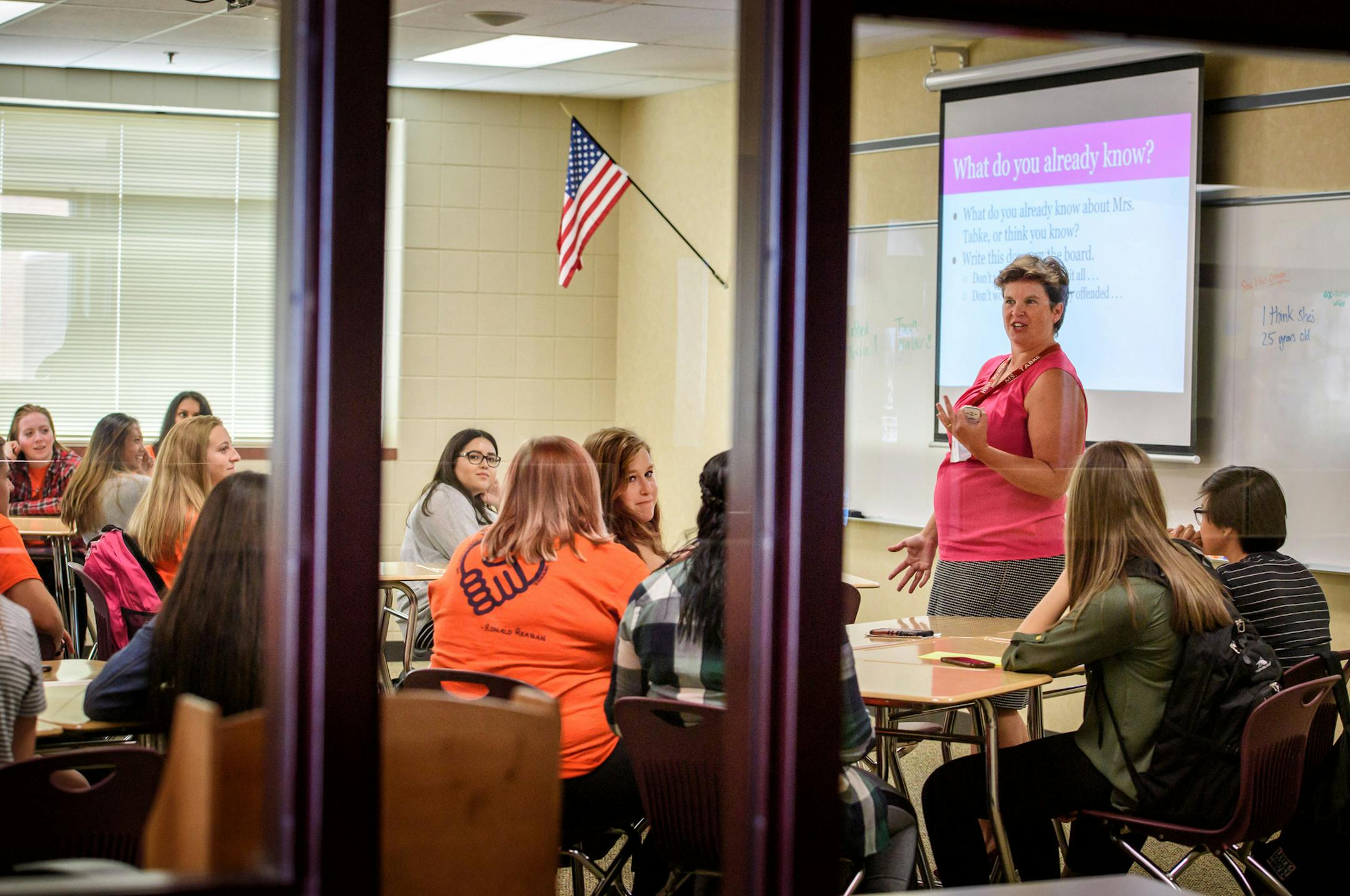 An honors English class on Monday, the first day of classes at Shakopee High School, which started classes two weeks early to accommodate a huge construction project that will double the school’s size.