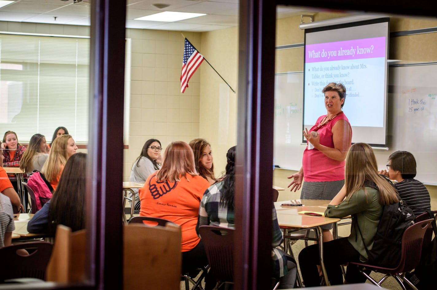 An honors English class on Monday, the first day of classes at Shakopee High School, which started classes two weeks early to accommodate a huge construction project that will double the school&#x2019;s size.