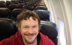 Skirmantas Strimaitis takes a selfie onboard a Boeing 737-800 airplane, taking off from Vilnius, Lithuania, March 16, 2019, as the only passenger aboa