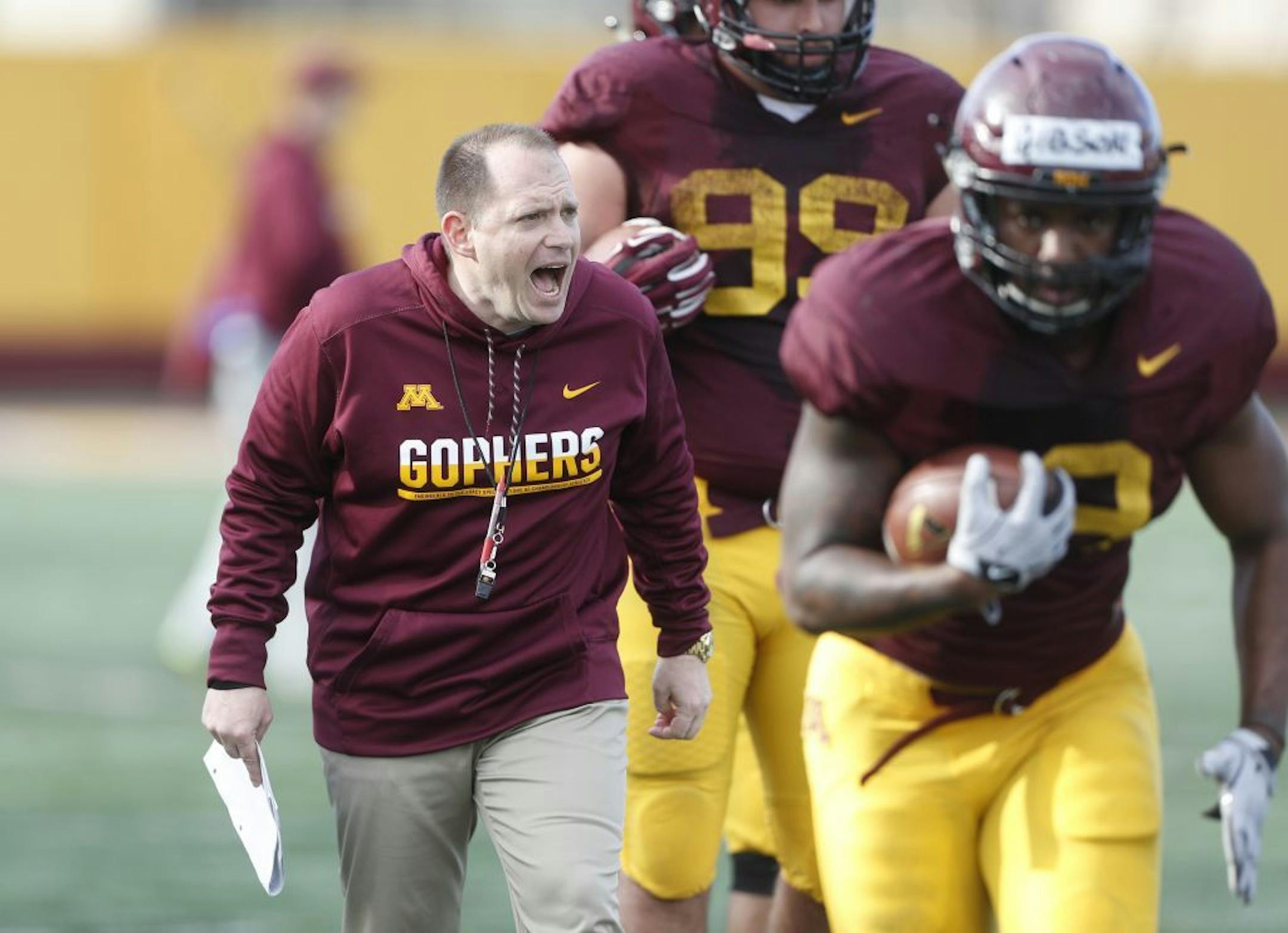 Minnesota defensive coordinator Robb Smith during football practice at the University of MinnesotaTuesday March 28 2017 in Minneapolis, MN.